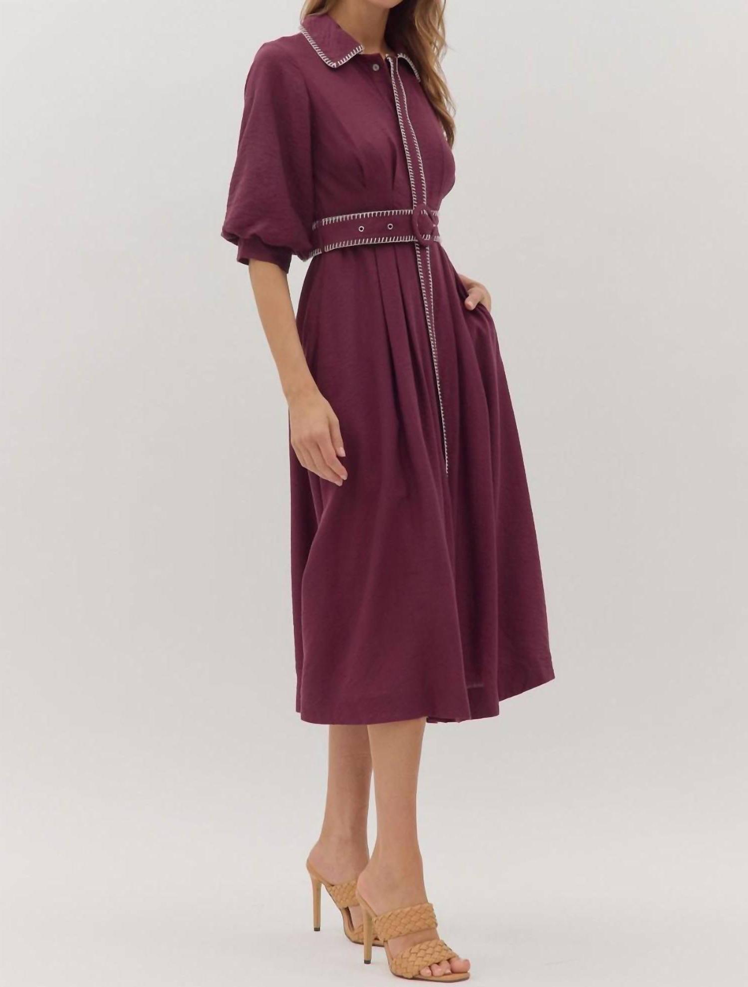 Entro Puff Sleeve Blanket Stitch Det Midi Dress Plum - Picture 3 of 9