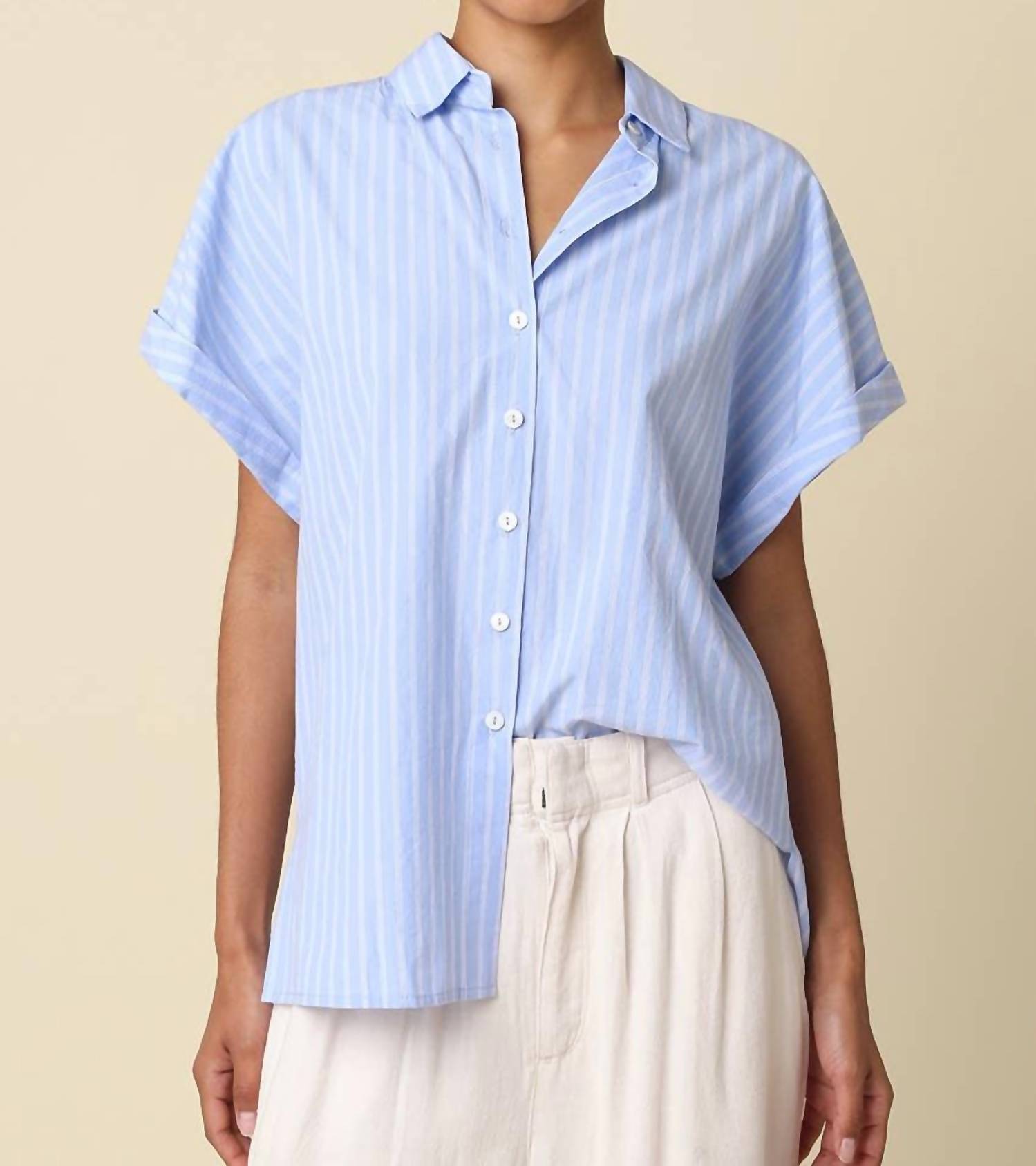 Olivaceous Virgil Stripe Short Sleeve Shirt Sky Blue