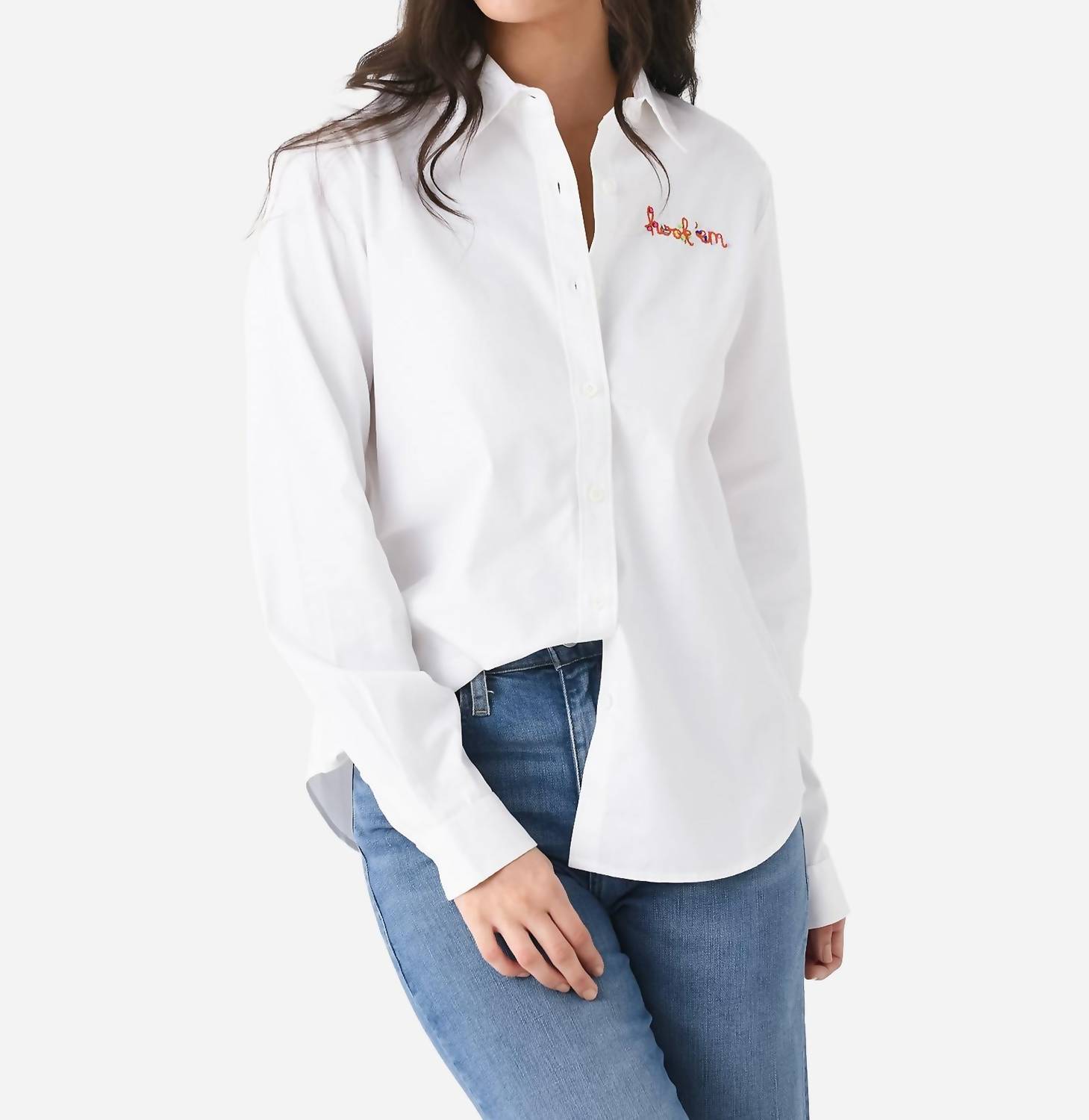 Pre-owned Lingua Franca Embroidered Button-down Shirt In Burnt Orange/white