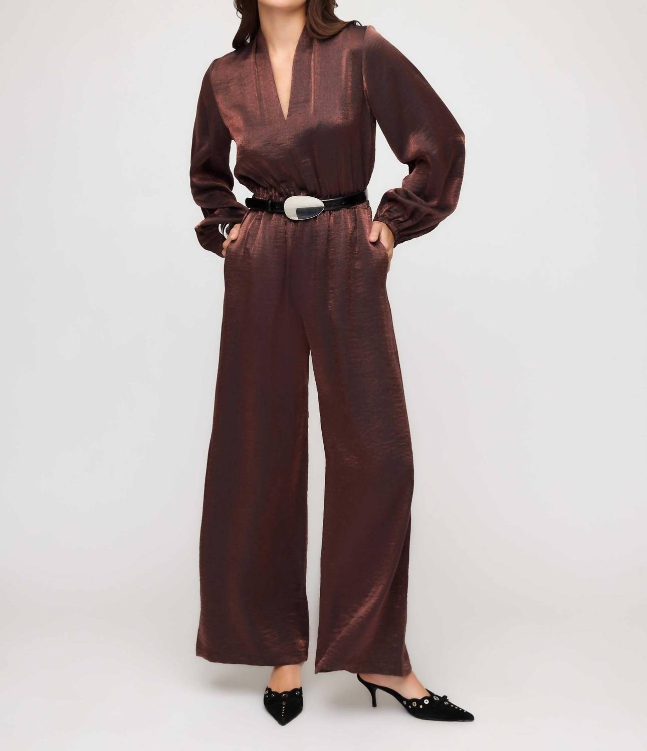 Fifteen Twenty Skyler V-Neck Relaxed Jumpsuit Brown