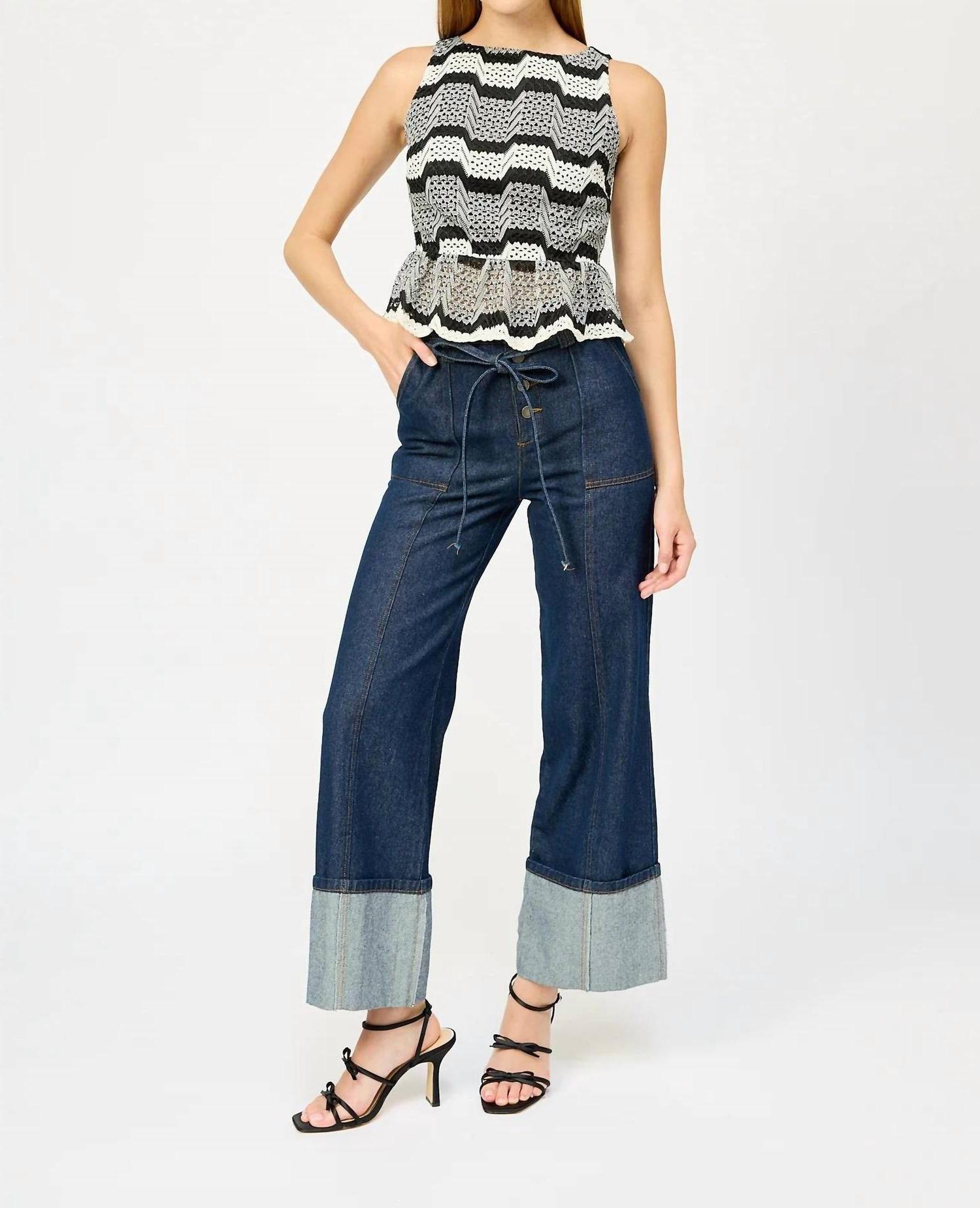 En Saison Genesis Stripe Open Stitch Sleeveless Peplum Tank Top Black And White