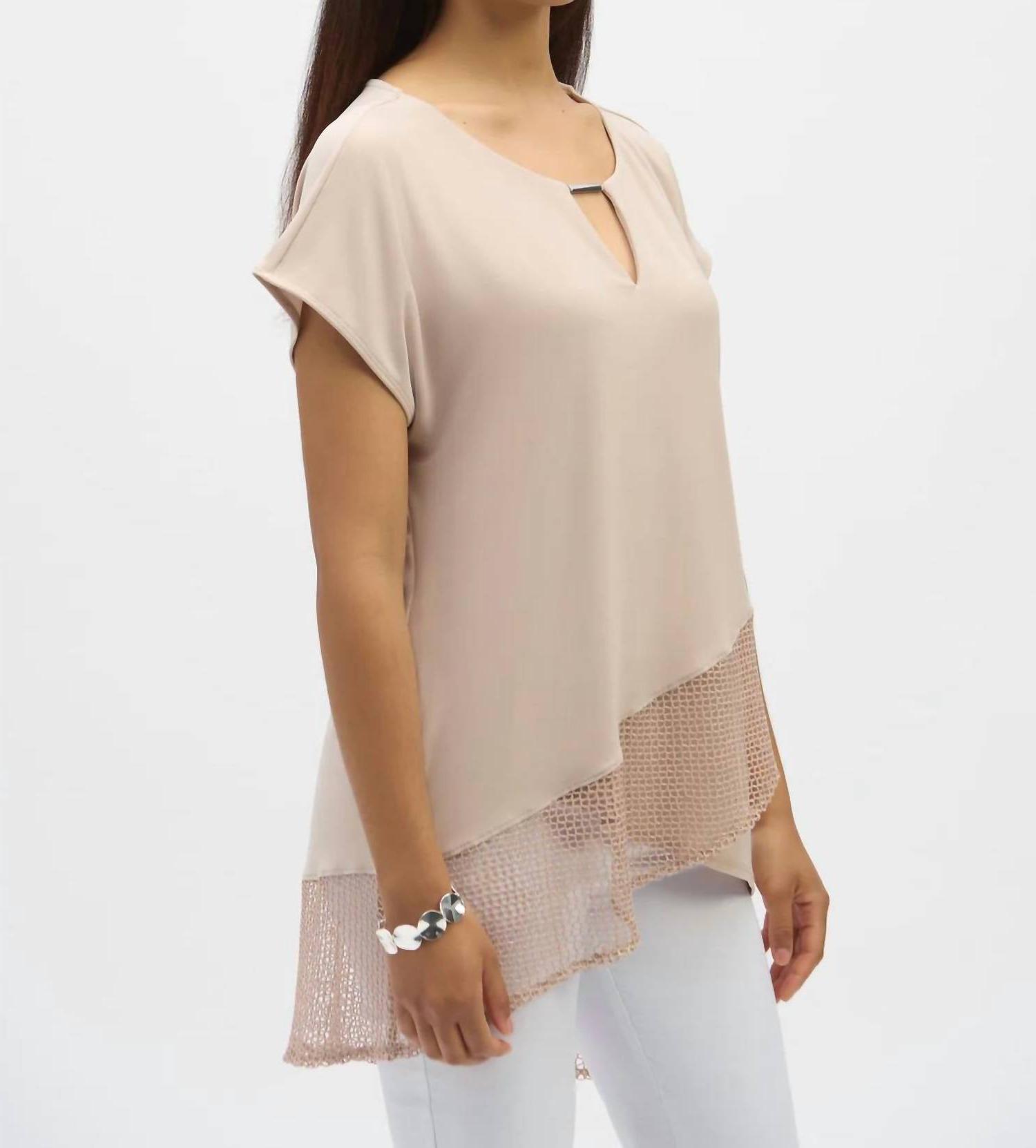 Joseph Ribkoff Asymmetrical Foiled Mesh Top Parchment/silver