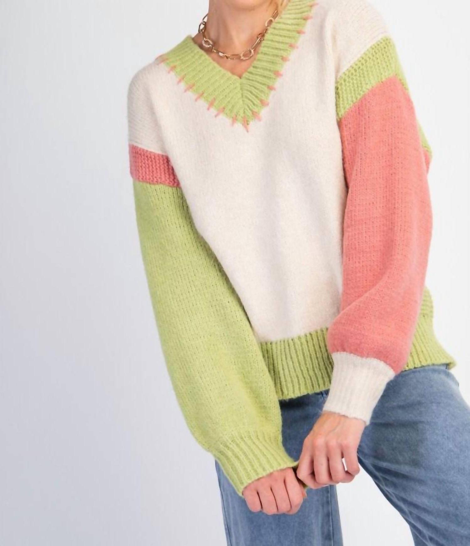 Easel Color Block Knit Pullover Sweater Oatmeal - Picture 4 of 11