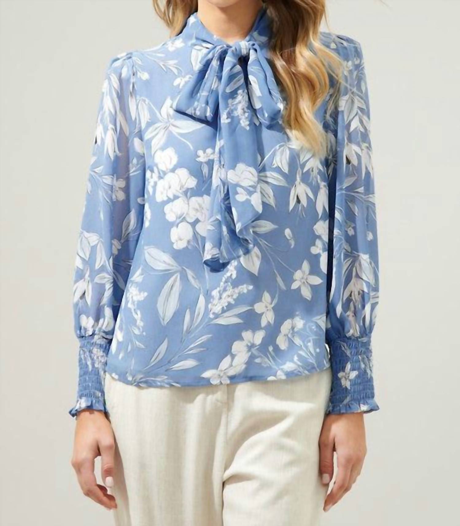 Sugarlips Tie Neck Long Sleeve Blouse White/dusty Blue