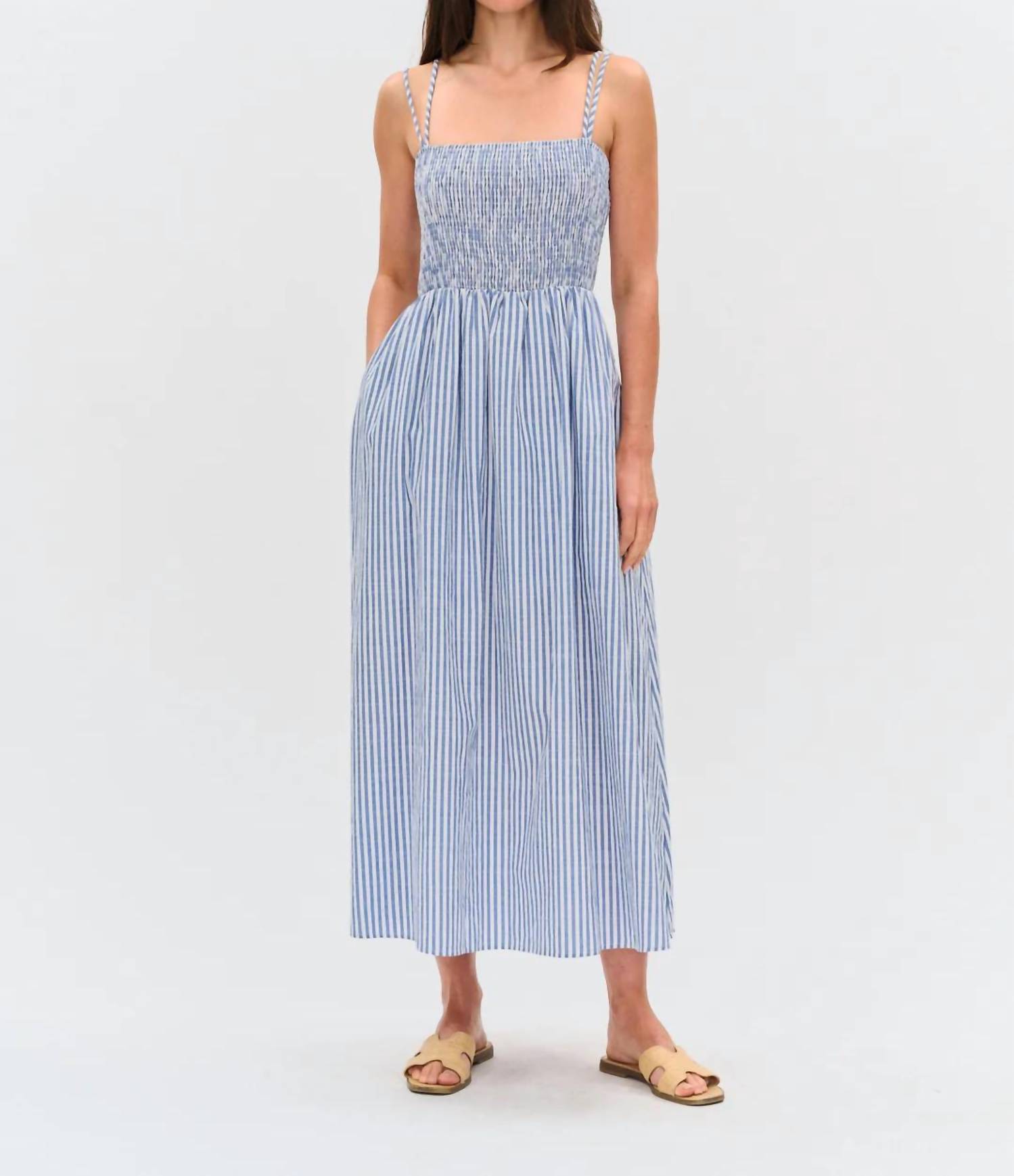Six/fifty Striped Poplin Smocked Dress Blue/white