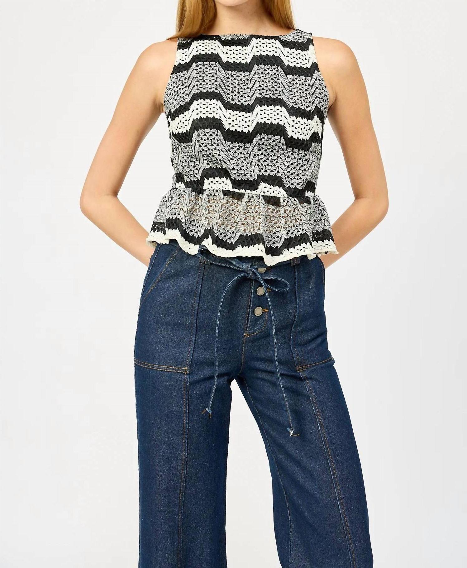 En Saison Genesis Stripe Open Stitch Sleeveless Peplum Tank Top Black And White