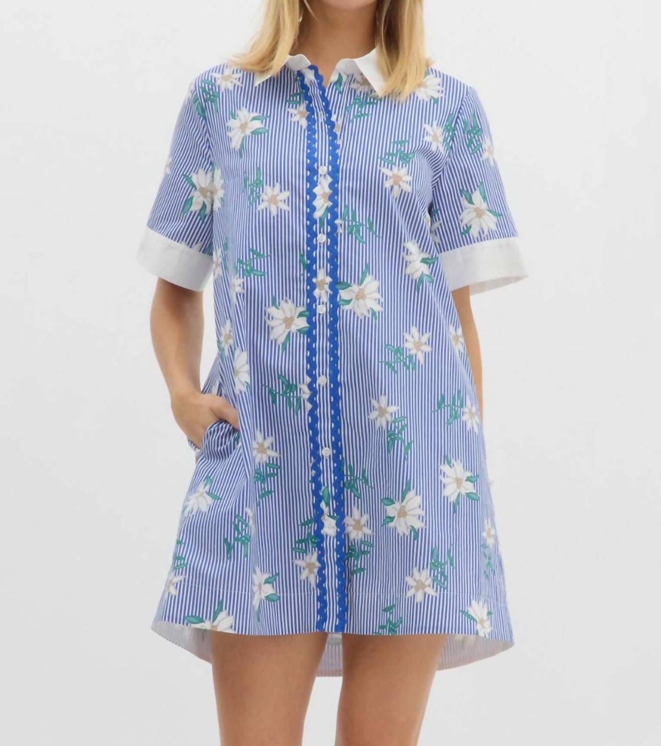 Entro Striped Floral Print Shirt Mini Dress Blue
