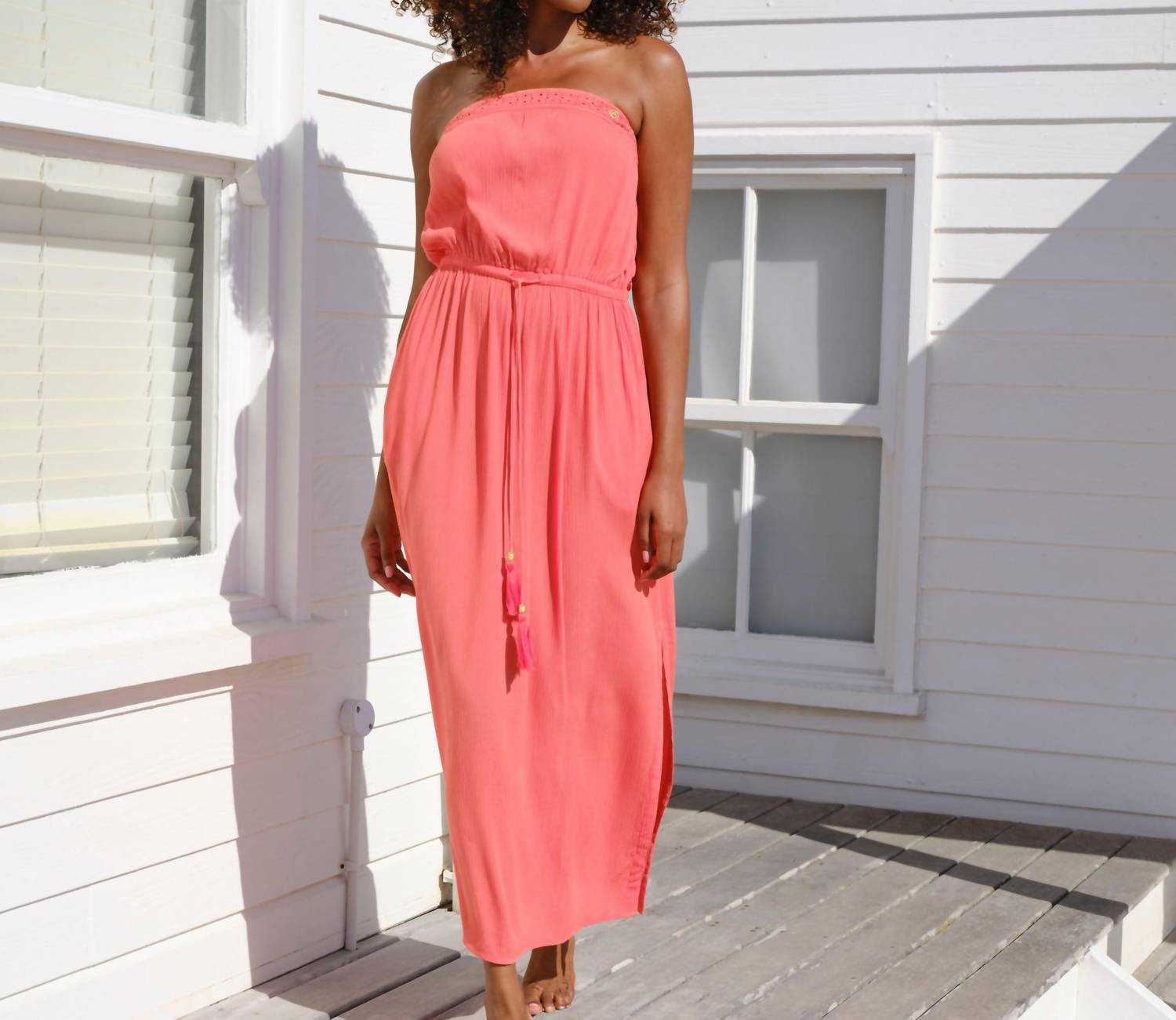Baye London Strapless Maxi Beach Dress Coral