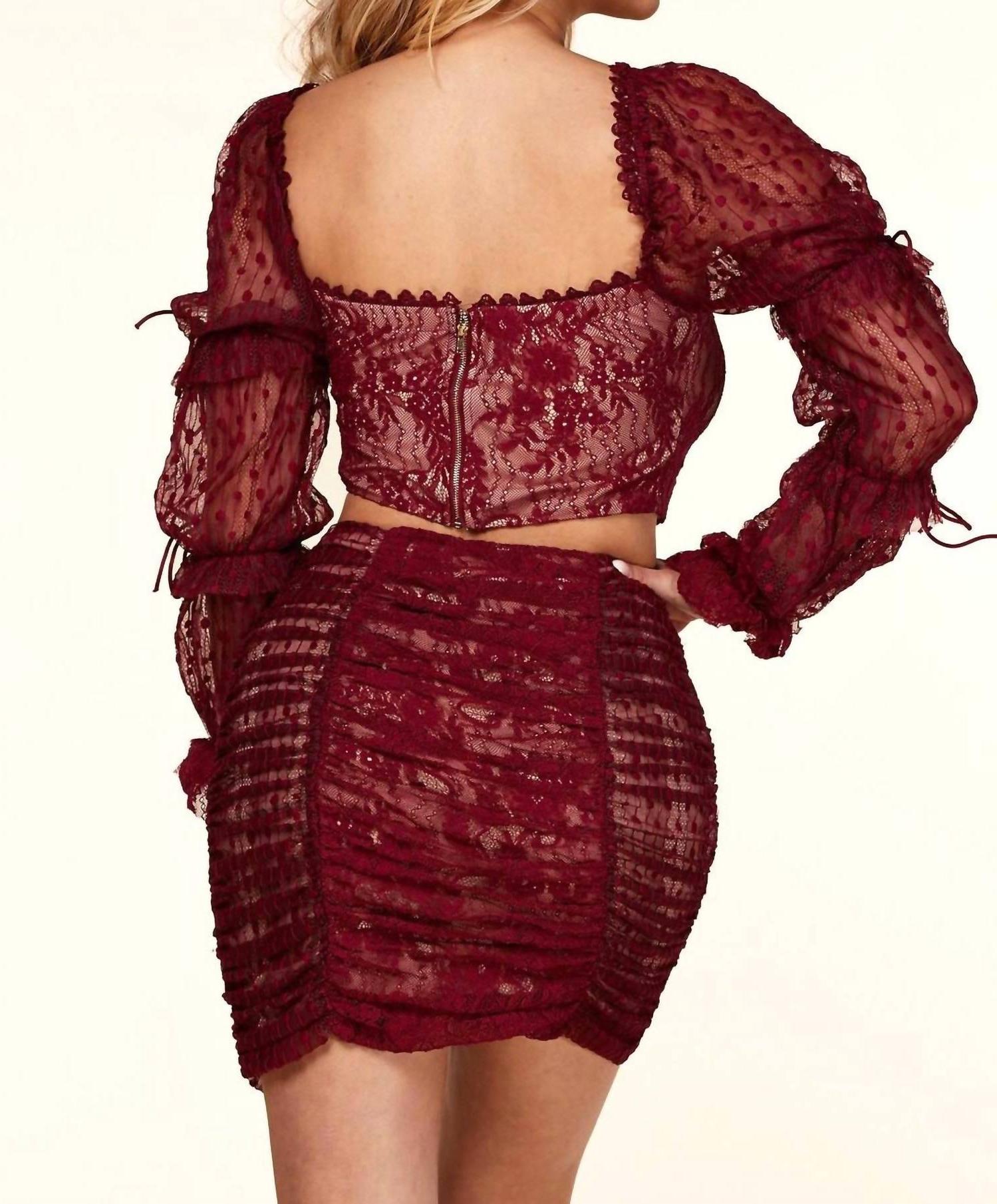 Little Secret Of Mine Mini Skirt Set: Velvet Lace Elegance Mesh Red Wine - Picture 4 of 13