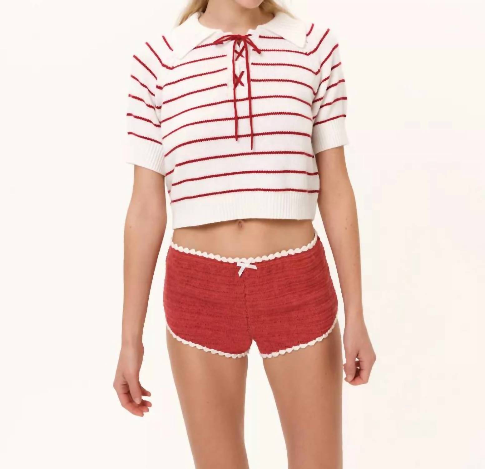 For Love & Lemons Betsy Striped Polo Tee White Red