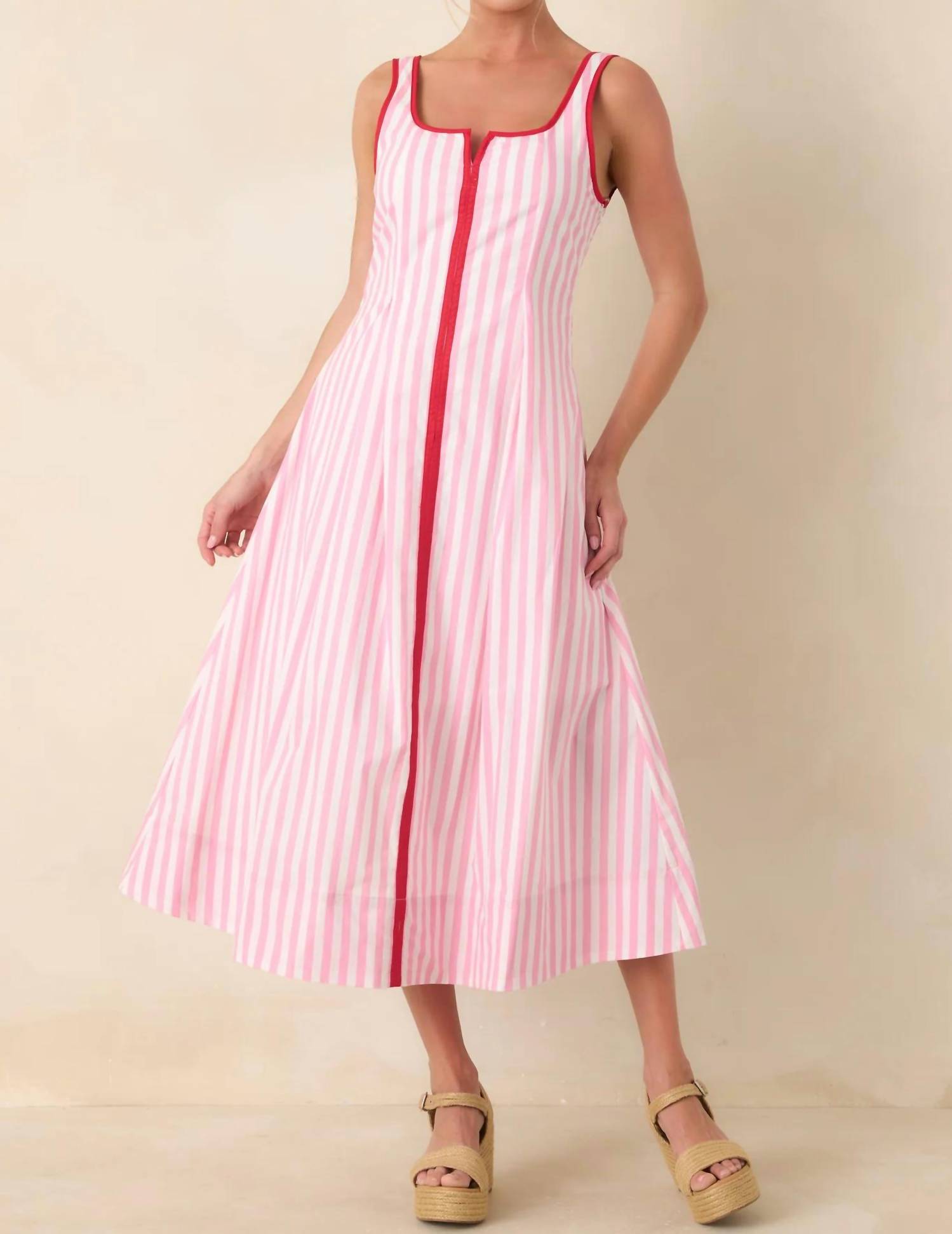 Entro Bailey Striped Sleeveless Midi Dress Pink & Red