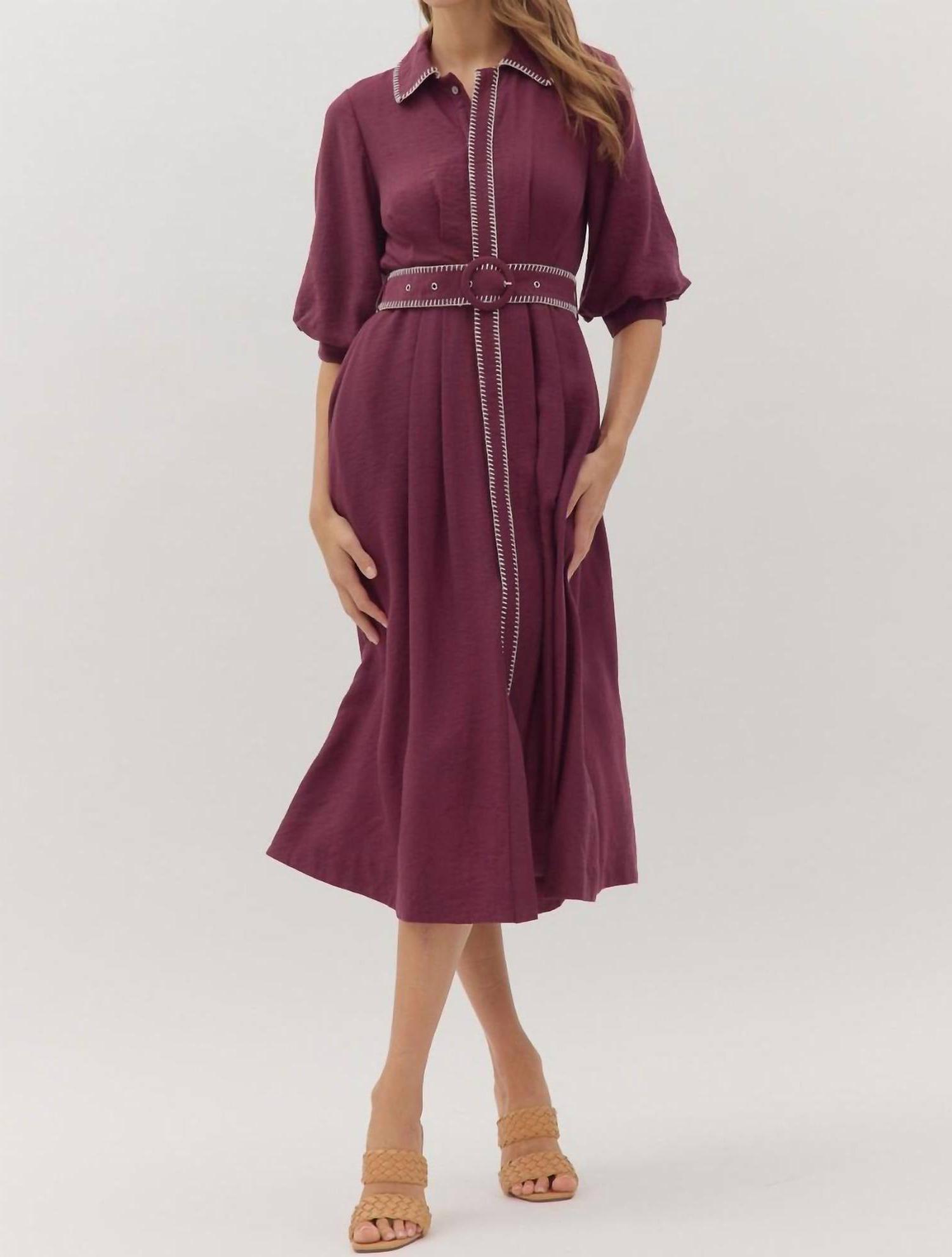 Entro Puff Sleeve Blanket Stitch Det Midi Dress Plum - Picture 2 of 9