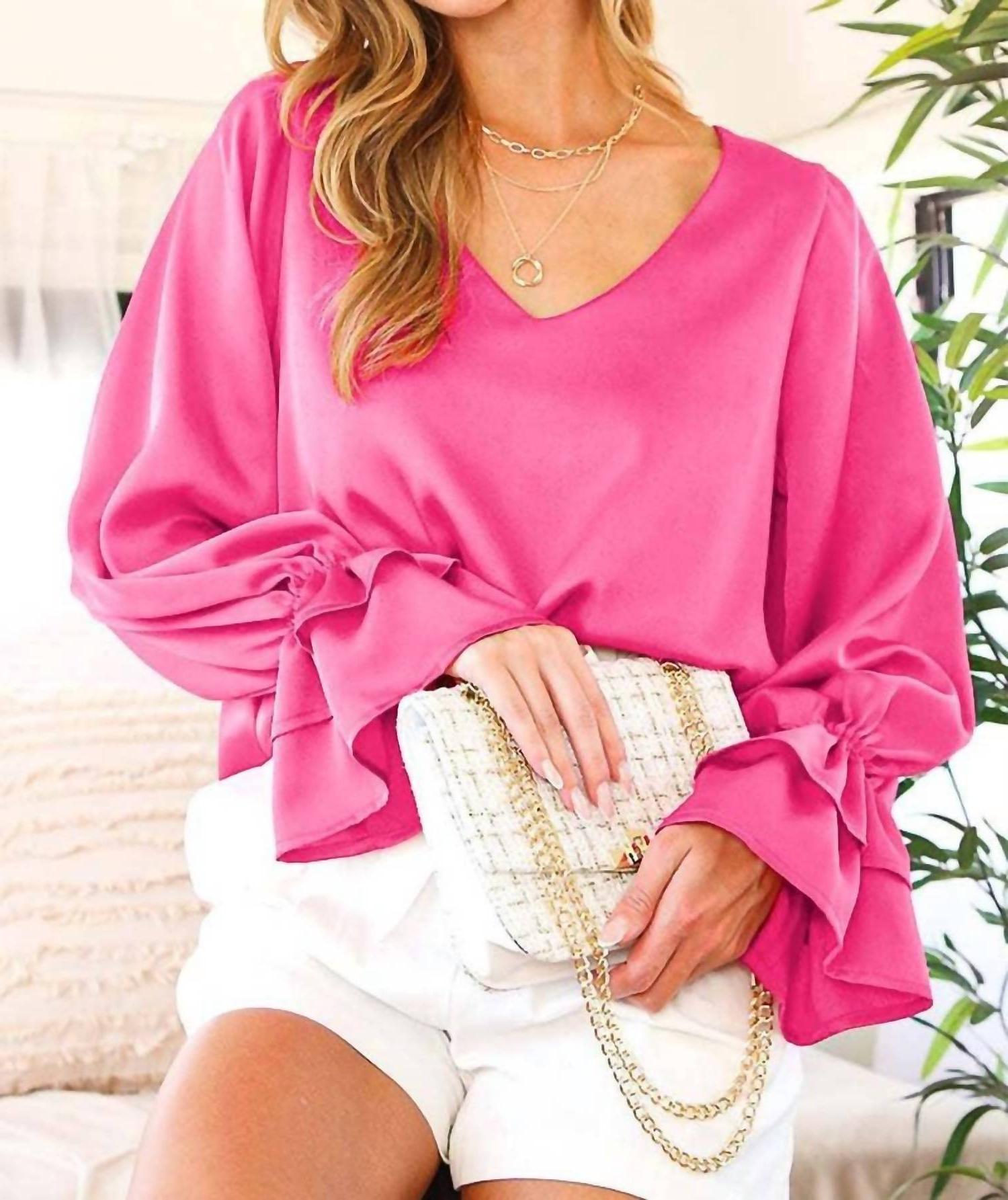 Vine & Love V-Neck Ruffle Long Sleeve Blouse Fuchsia - Picture 3 of 13
