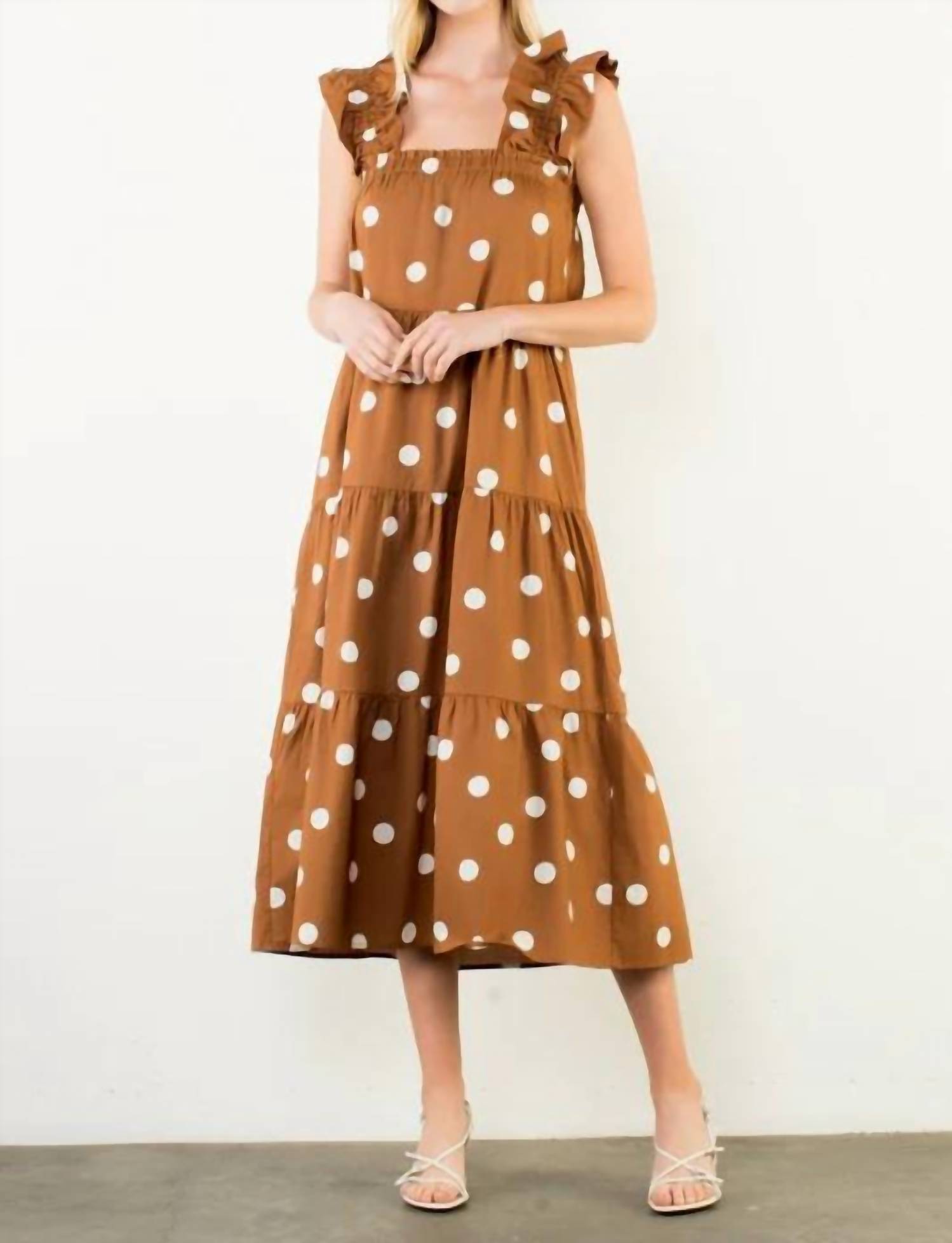 Thml Amy Ruffle Sleeve Tiered Midi Dress Brown