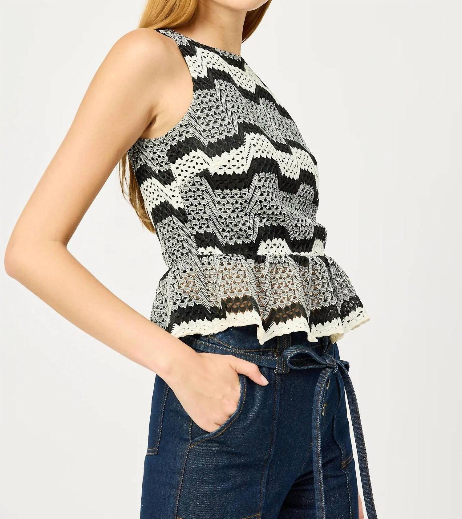 En Saison Genesis Stripe Open Stitch Sleeveless Peplum Tank Top Black And White