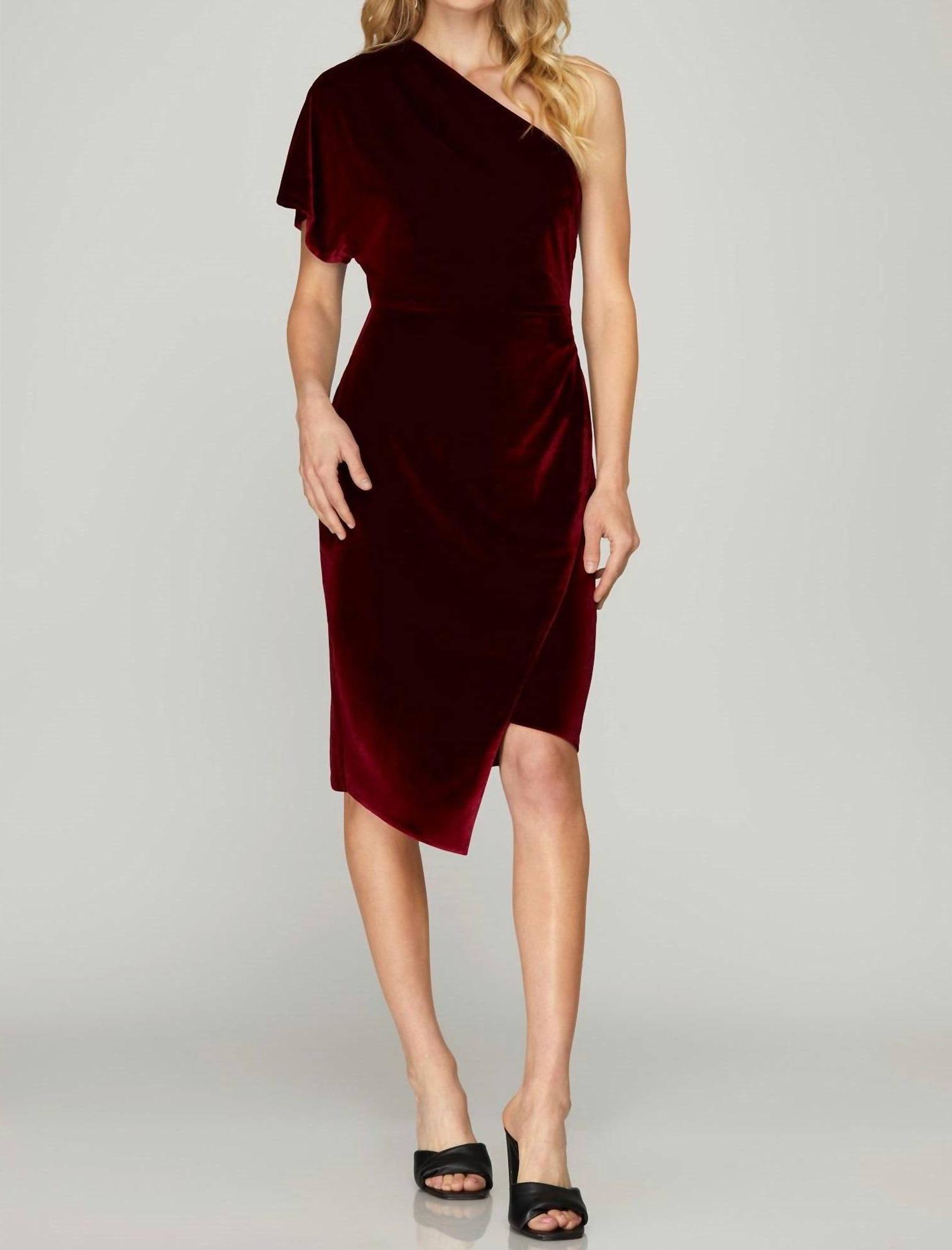 She + Sky one shoulder drop sleeve velvet dress with wrap skirt Wine - Picture 2 of 13