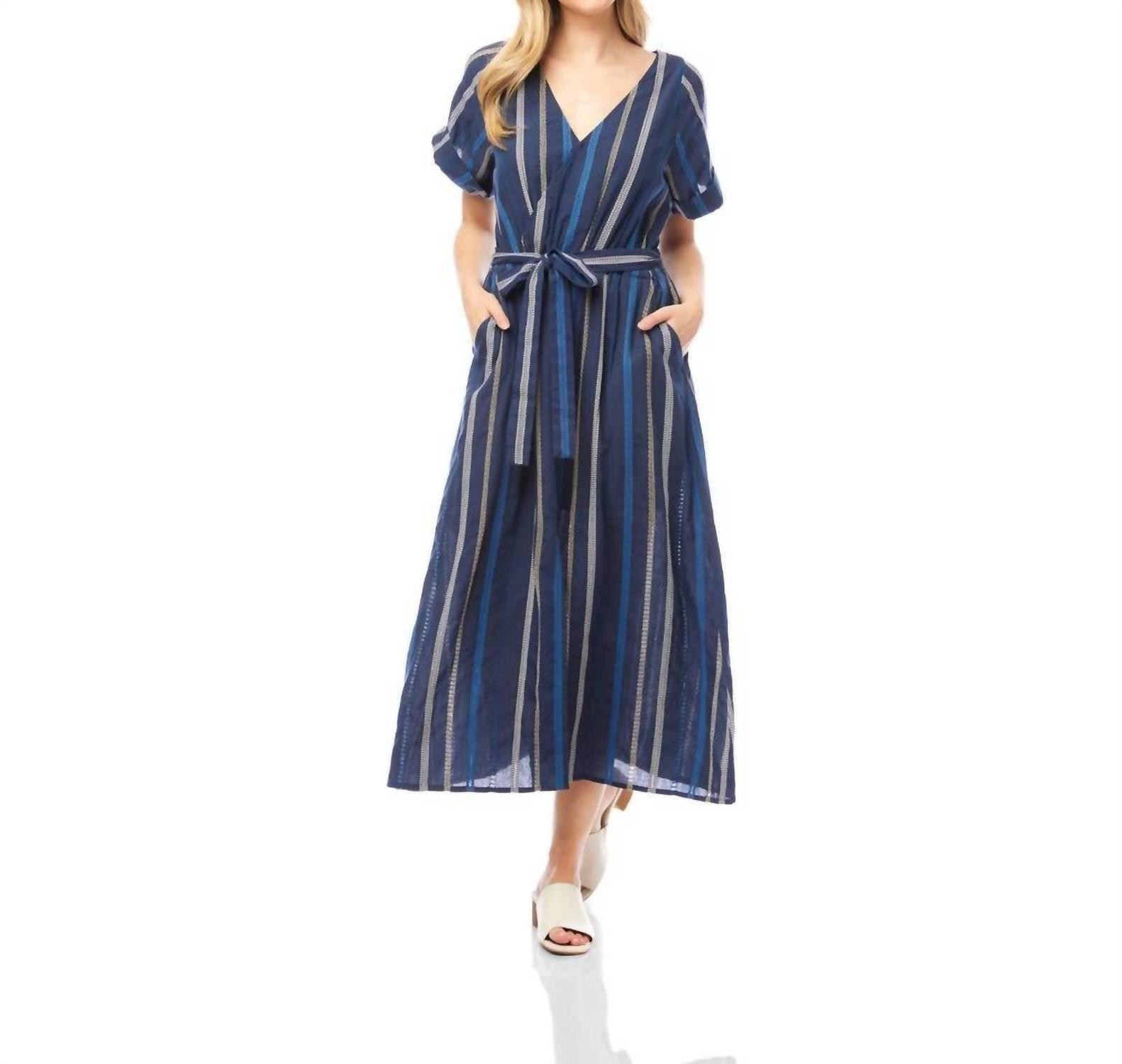 Karen Kane Embroidered Cuffed Sleeve Midi Dress Navy Multi - Picture 2 of 26