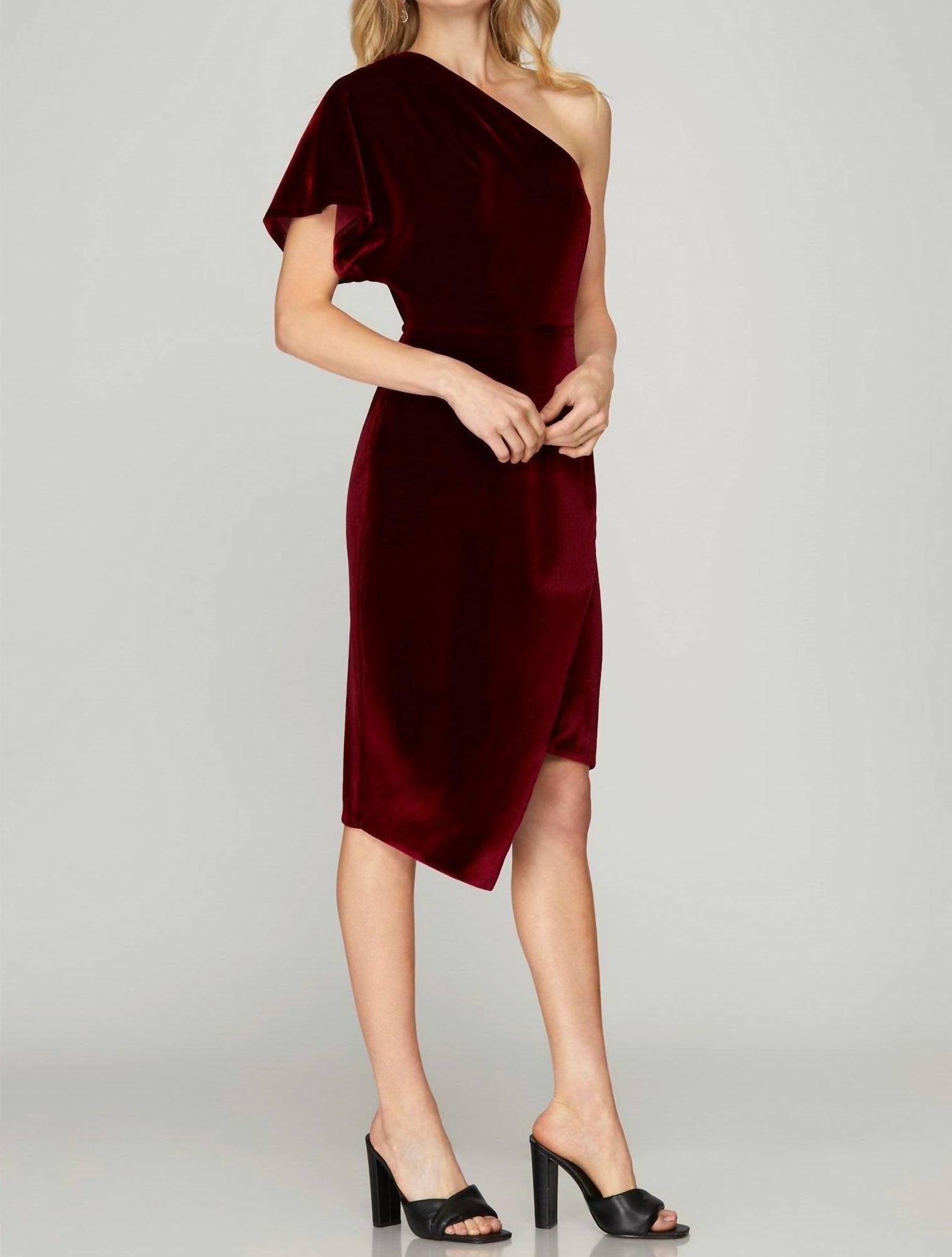 She + Sky one shoulder drop sleeve velvet dress with wrap skirt Wine - Picture 4 of 13