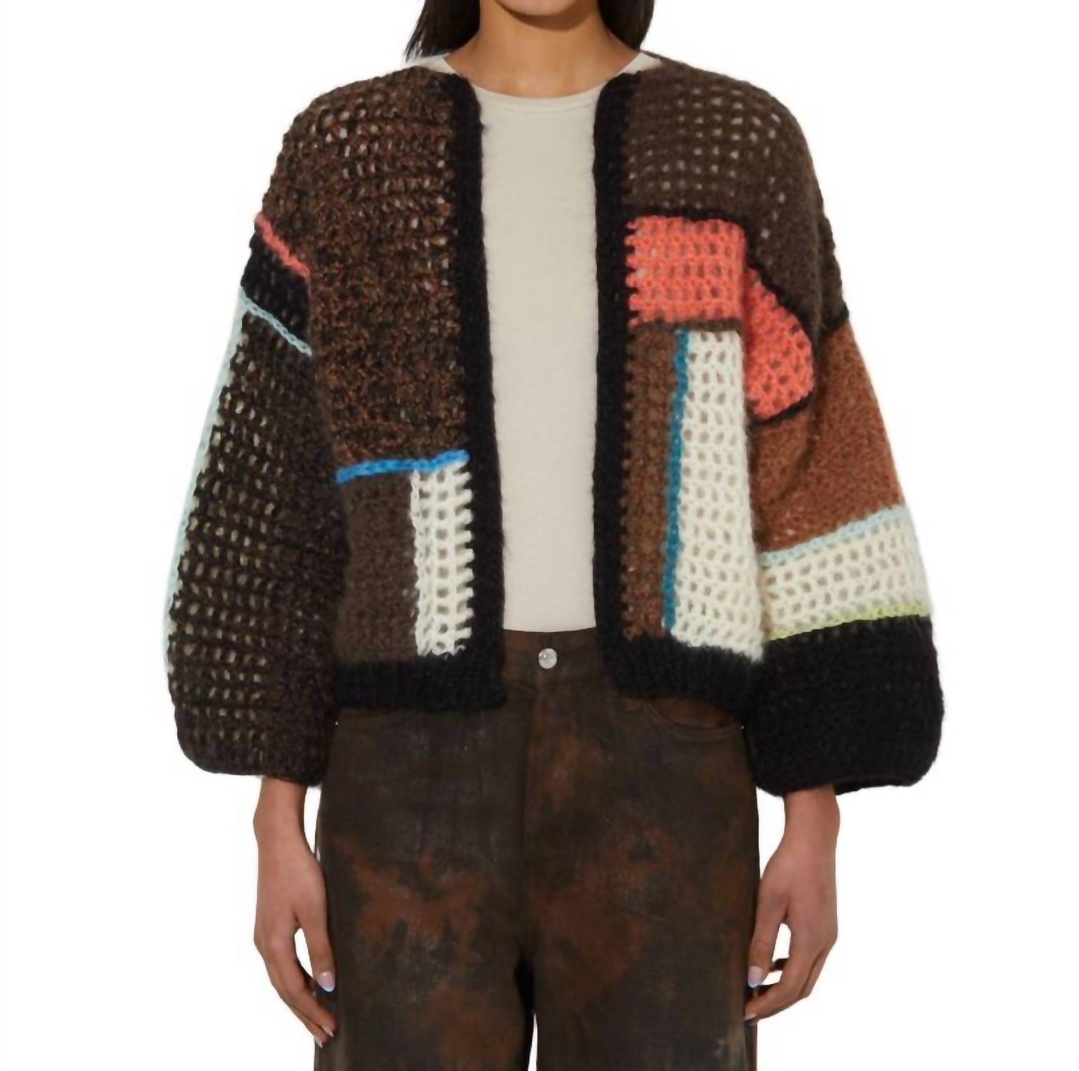 Pre-owned Maiami Crochet Patchwork Bomber Cardigan In Dark Brown