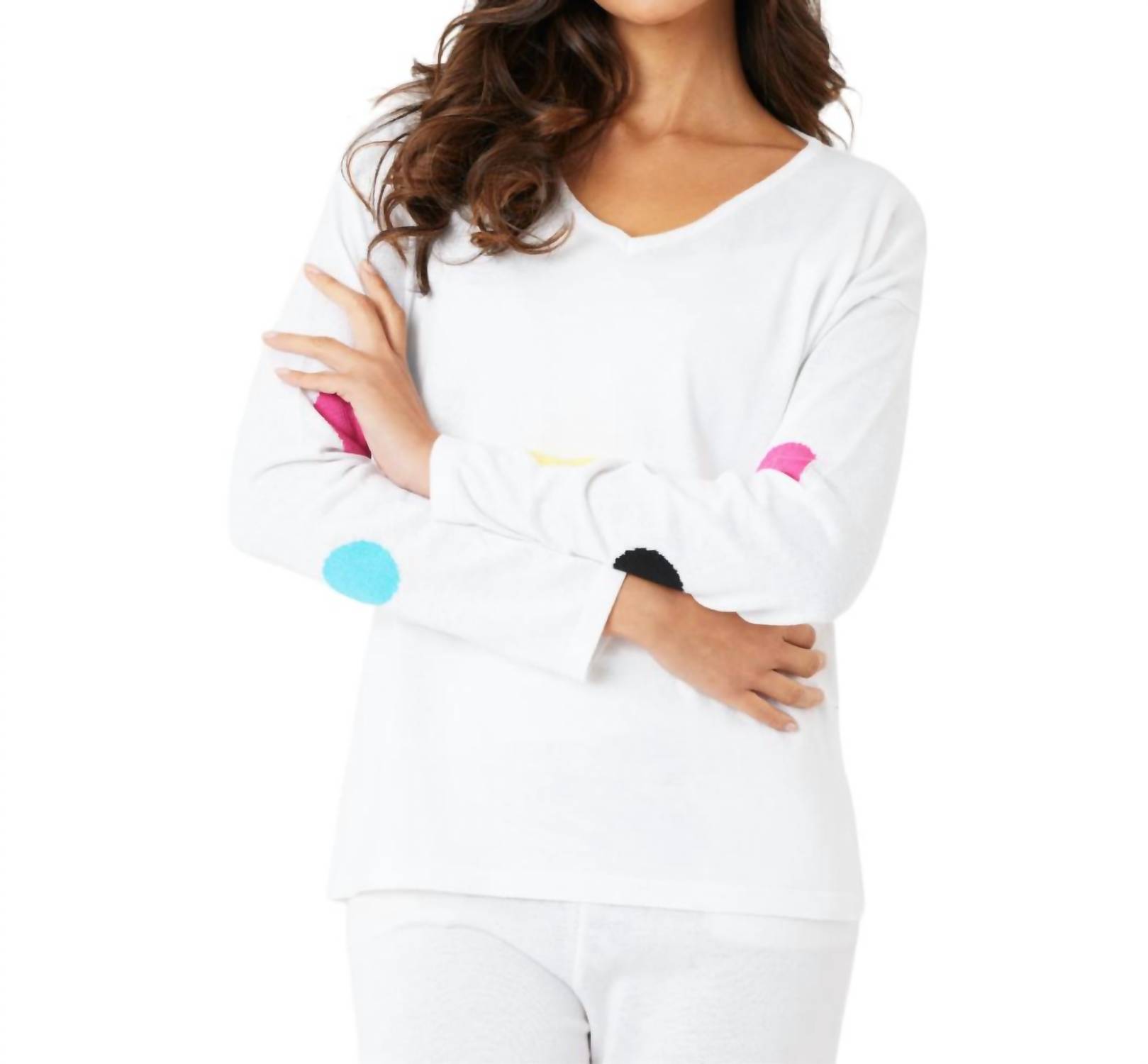 Angel Apparel V-Neck Polkadot Detail Sleeve Top White - Picture 2 of 11