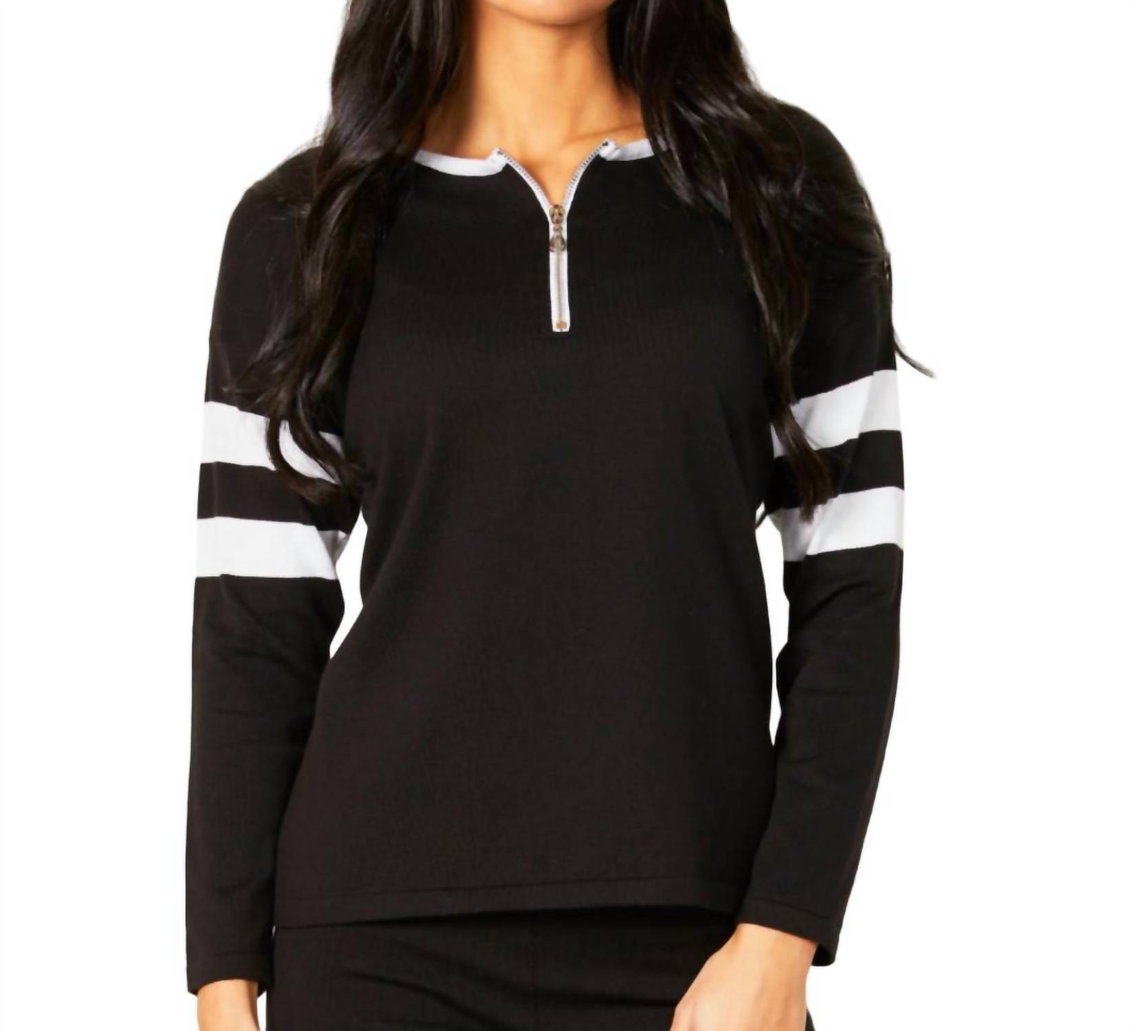 Angel Apparel Crew Stripe Zip Detail Top Black - Picture 2 of 11