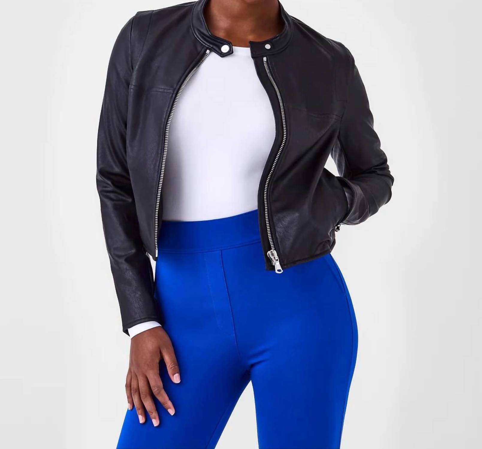 Pre-owned Spanx Leather-like Moto Jacket In Black