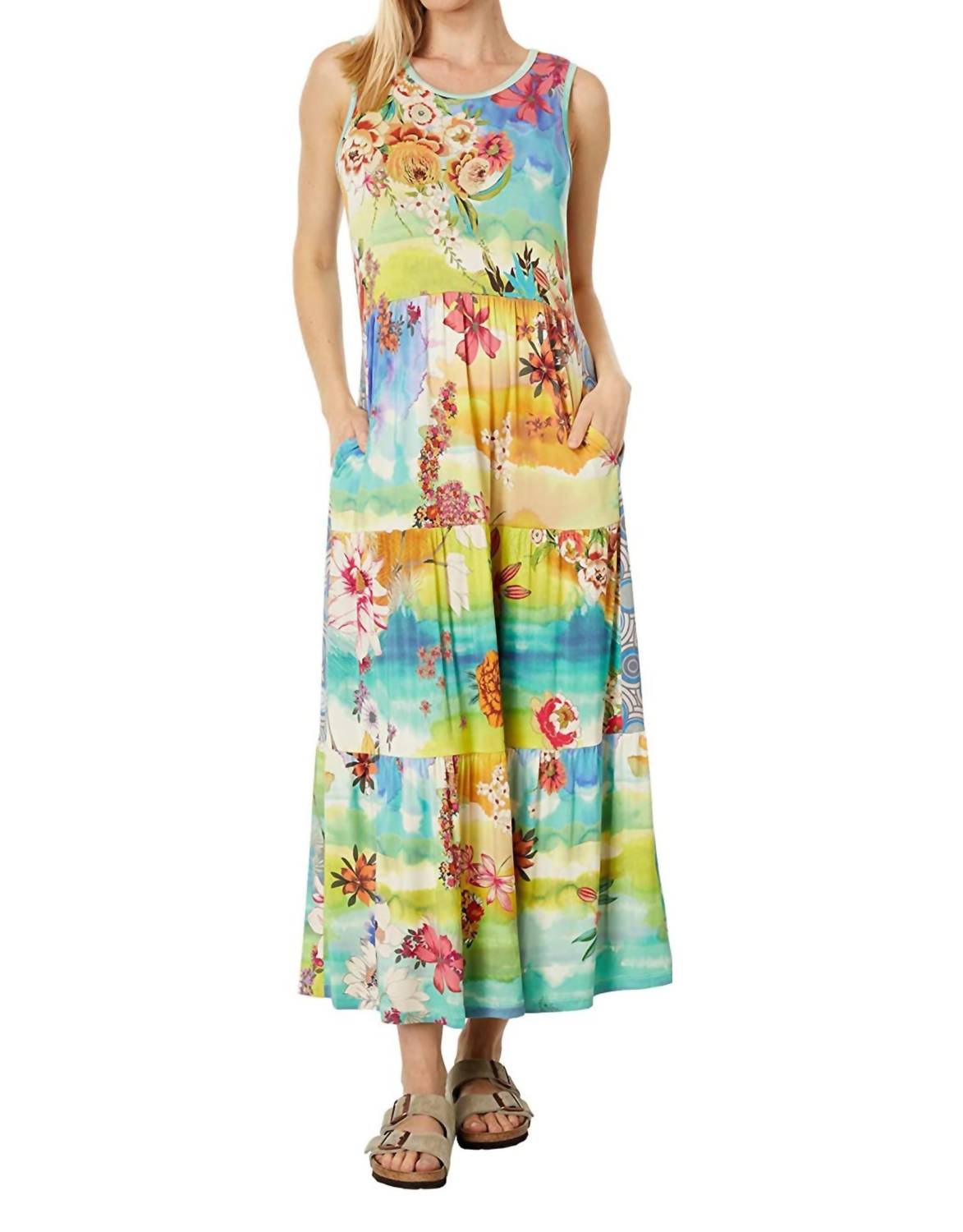 Pre-owned Johnny Was Tie Dye Sleeveless Tiered Midi Dress In Yellow