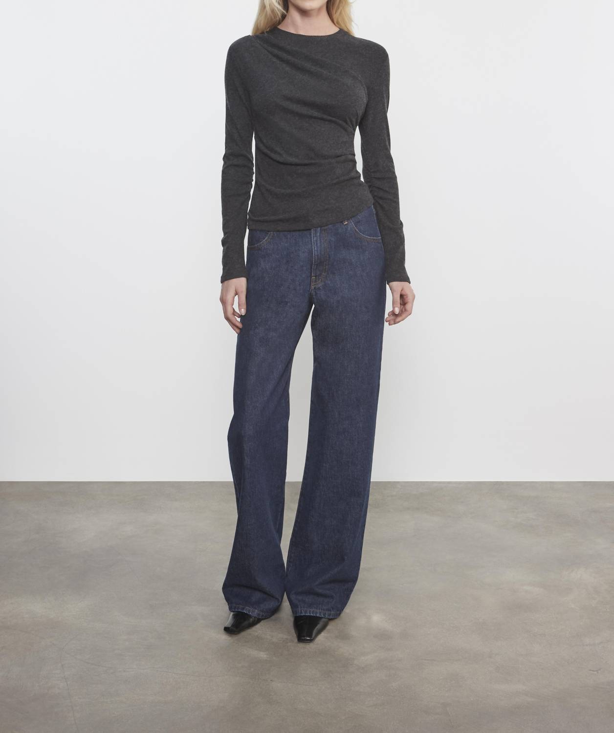 Enza Costa Cashmere Draped Long Sleeve Crew Top Charcoal
