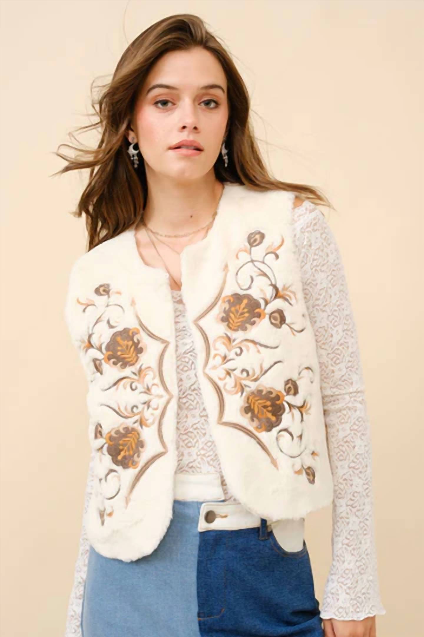 Blue B Embroidered Faux Fur Vest Off White