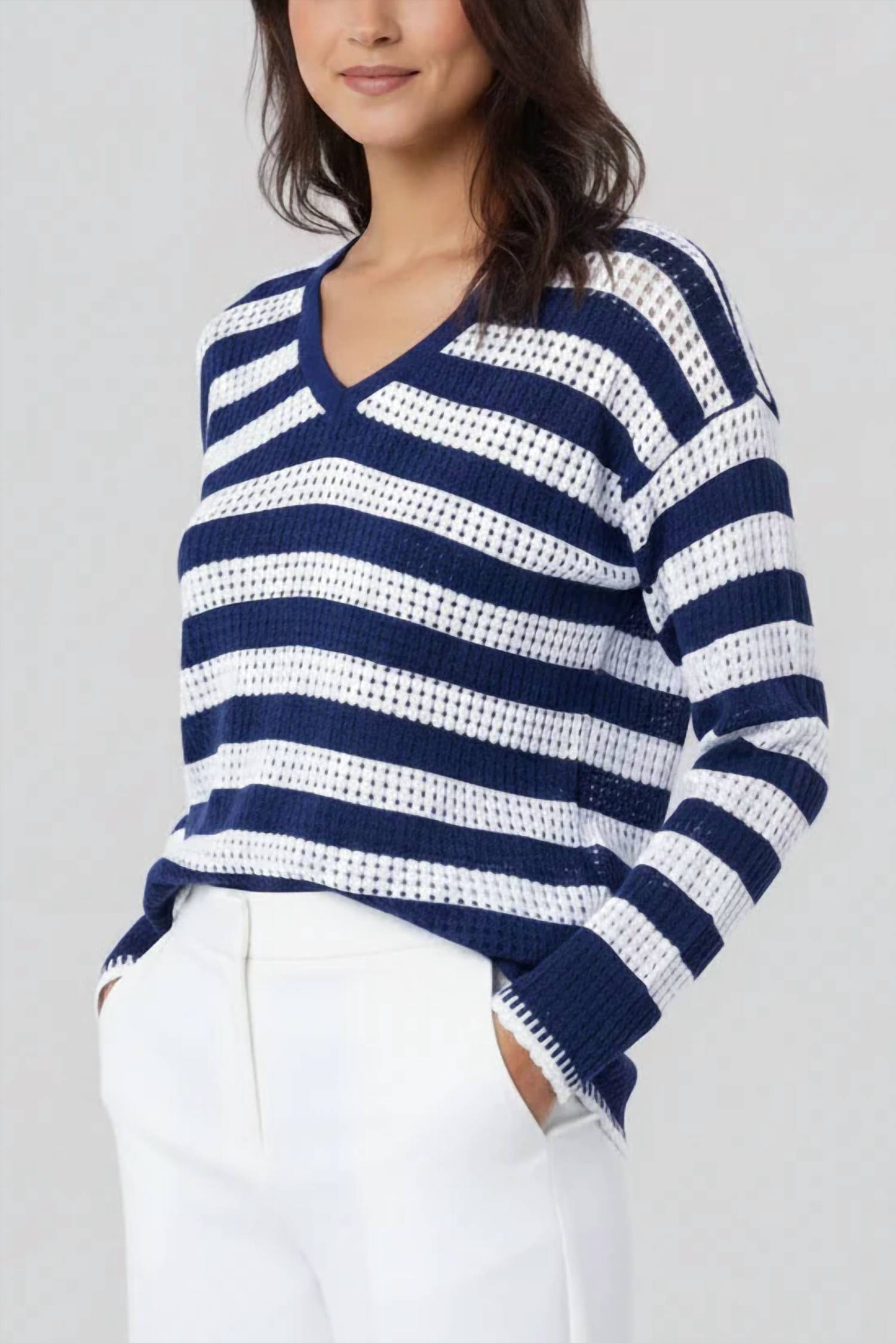 Angel Apparel Crochet Stripe V-Neck Top White/navy
