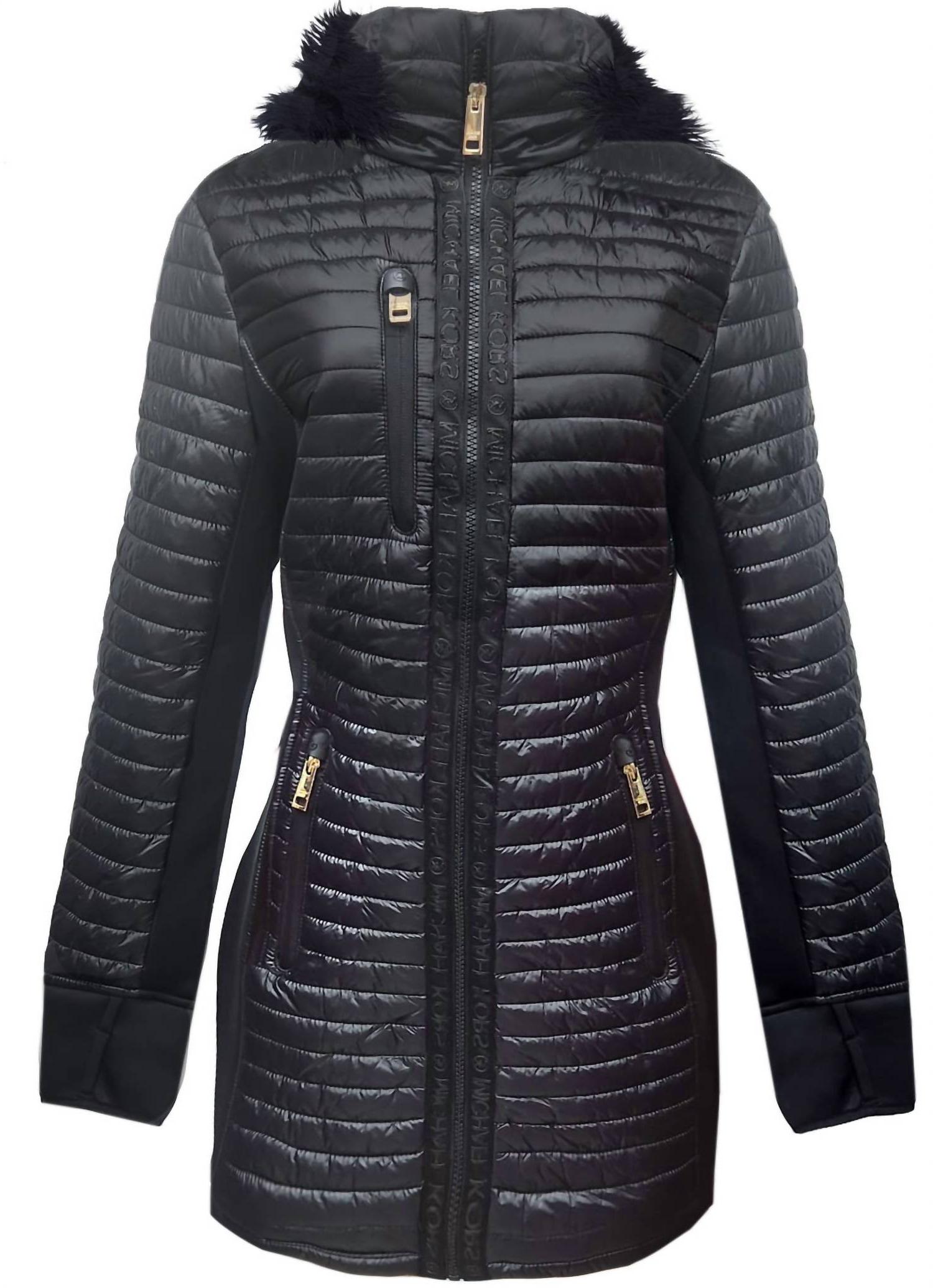 Michael Kors Women's Quilted Mixed Media 3/4 Coat Jacket With Faux Fur Black - Picture 2 of 7