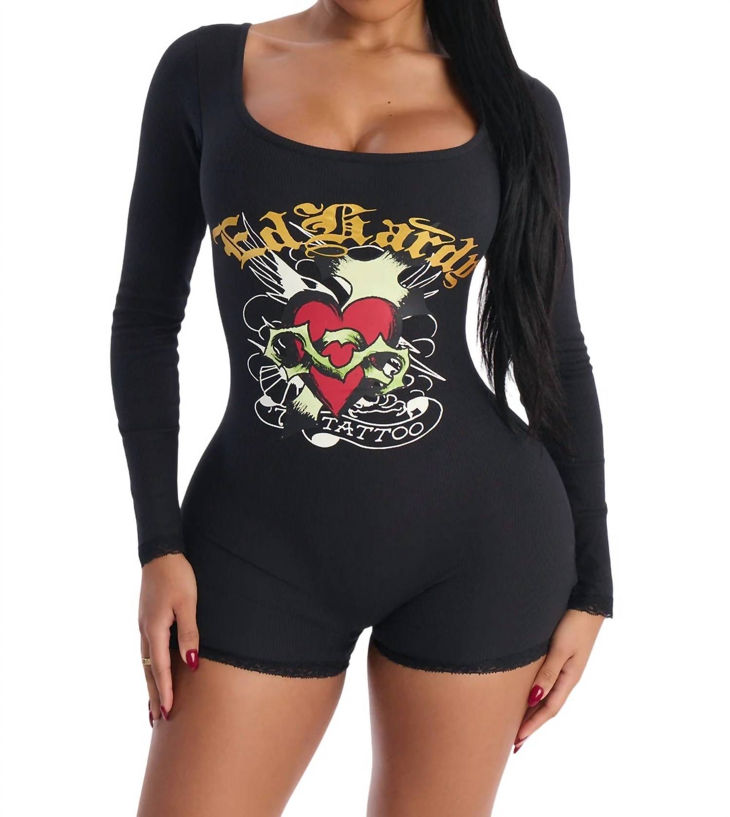 Ed Hardy Sacred Heart Long Sleeve Short Lace Romper Black | eBay