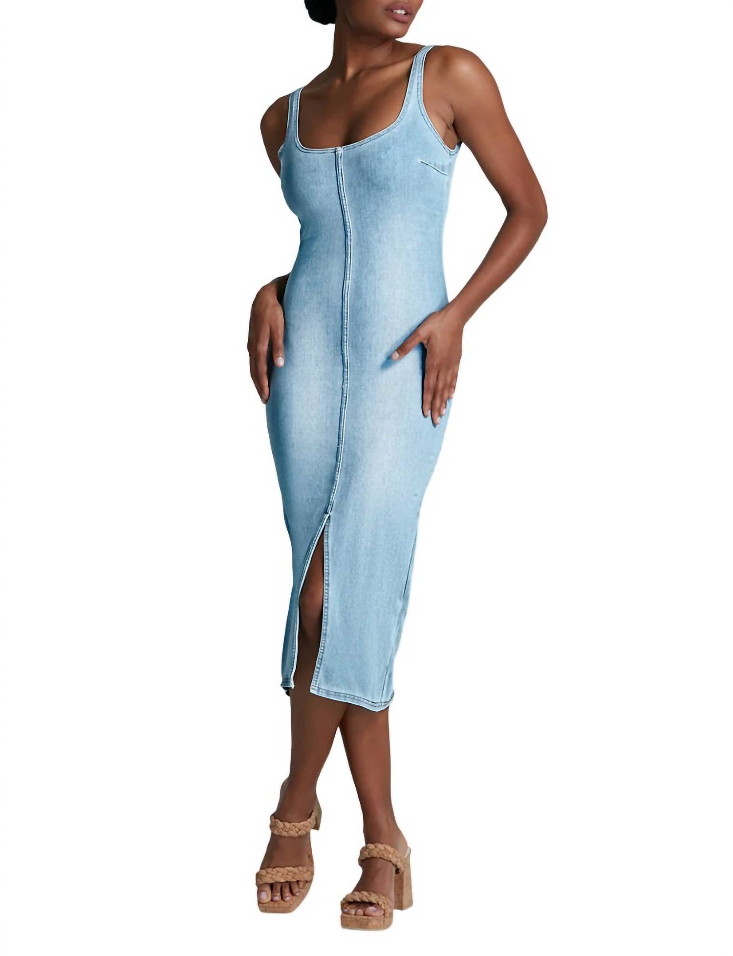Pre-owned Commando Do It All Denim Midi Tank Dress In Washed Indigo