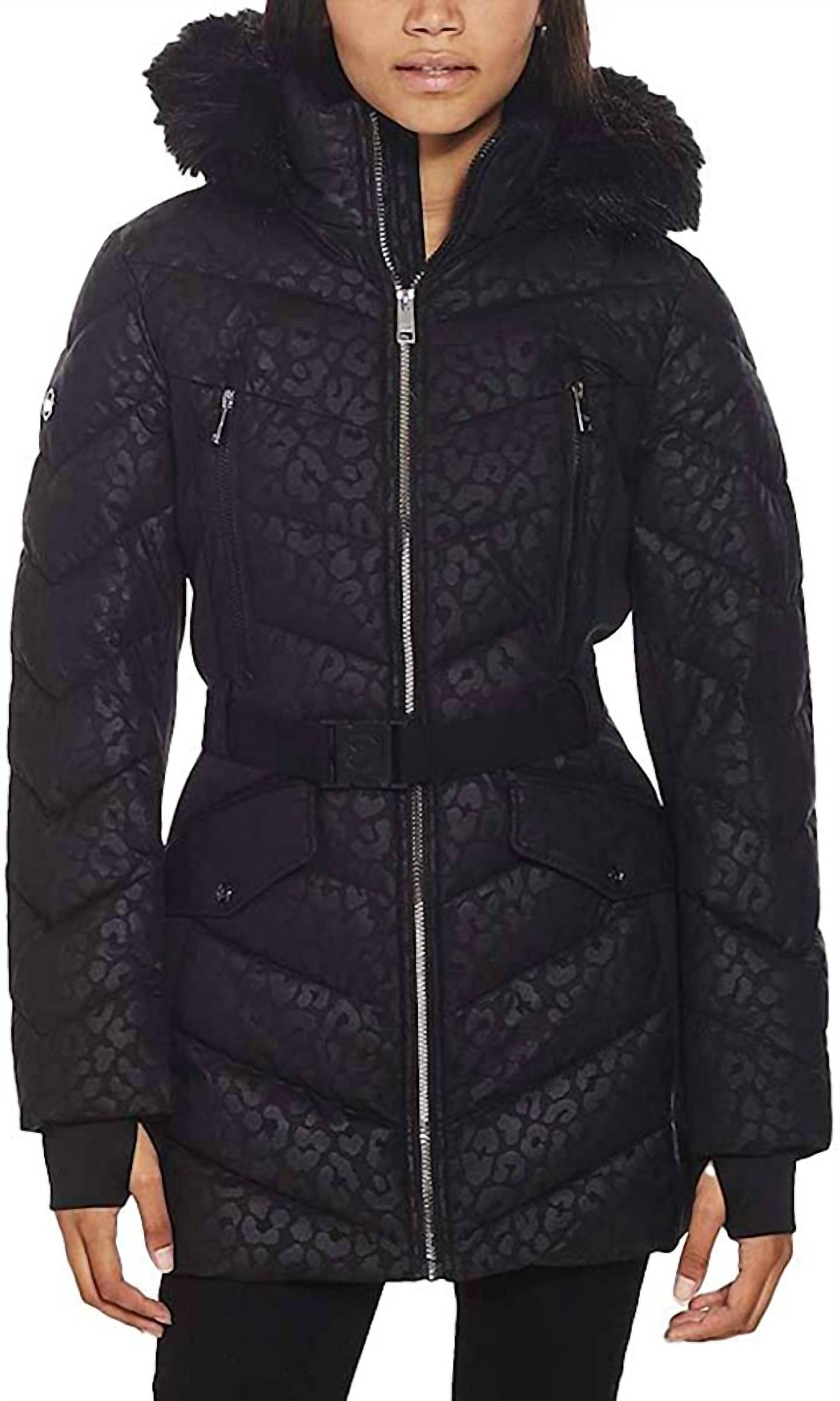 Michael Kors Logo Leopard Belted Hooded Down Puffer Coat Black
