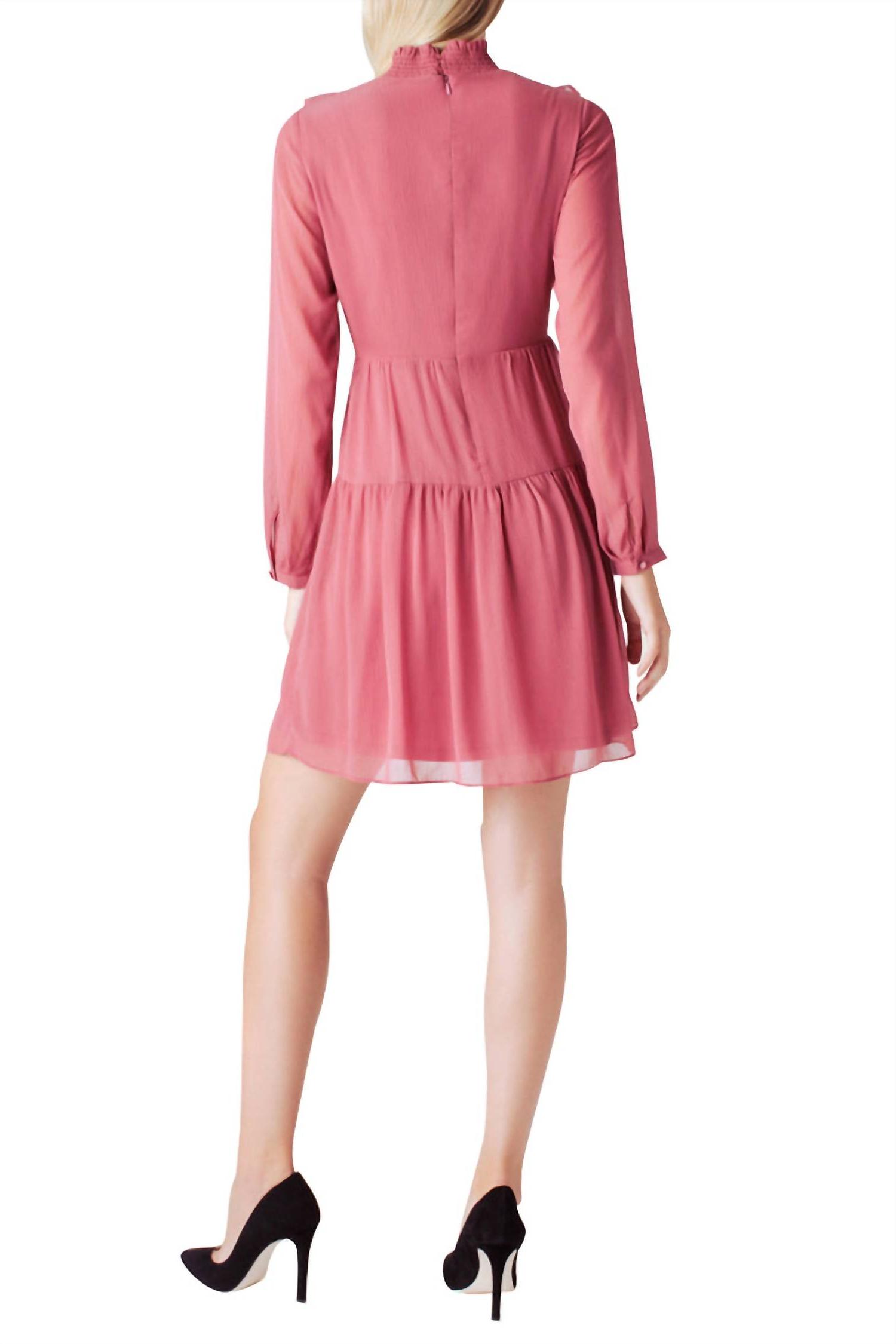 Kensie crinkle chiffon long sleeve ruffle front mock neck dress PINK - Picture 3 of 5