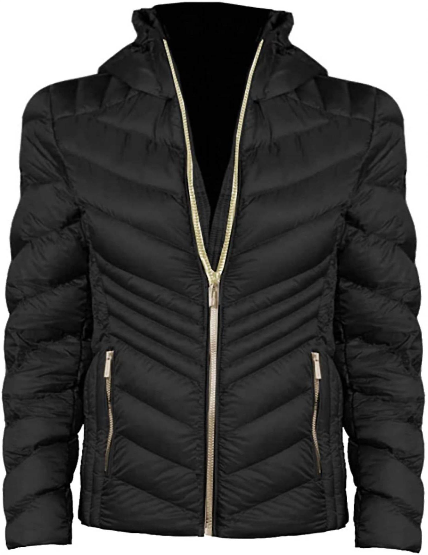 Michael Kors Women's Chevron Double Layer Zipper 3/4 Hooded Packable Coat Black
