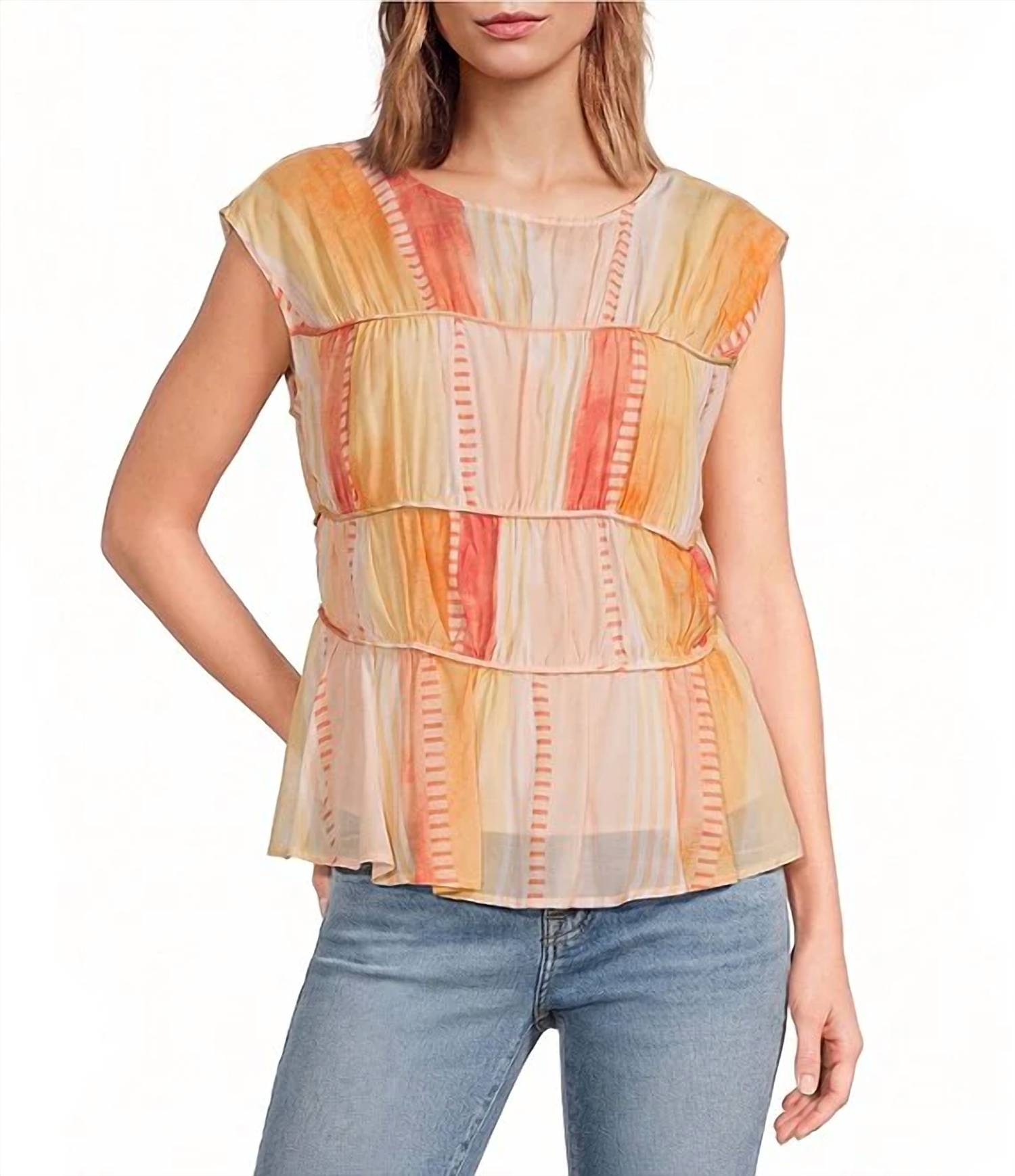 Elan Cap Sleeve Gathered Tiered Top Coral Strovia