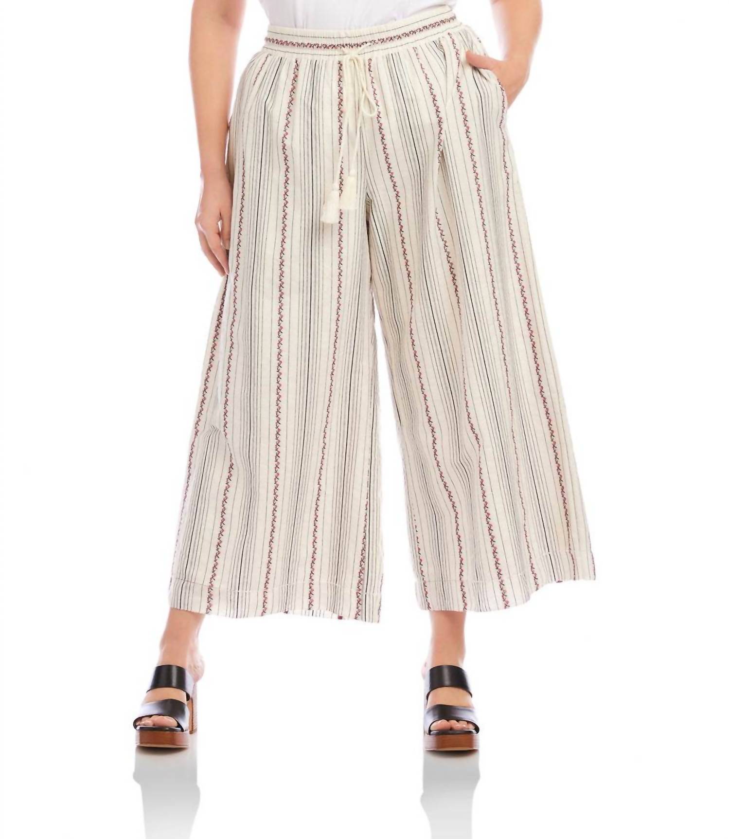 Karen Kane Stripe Embroidered Cropped Drawstring Pants - Plus Natural