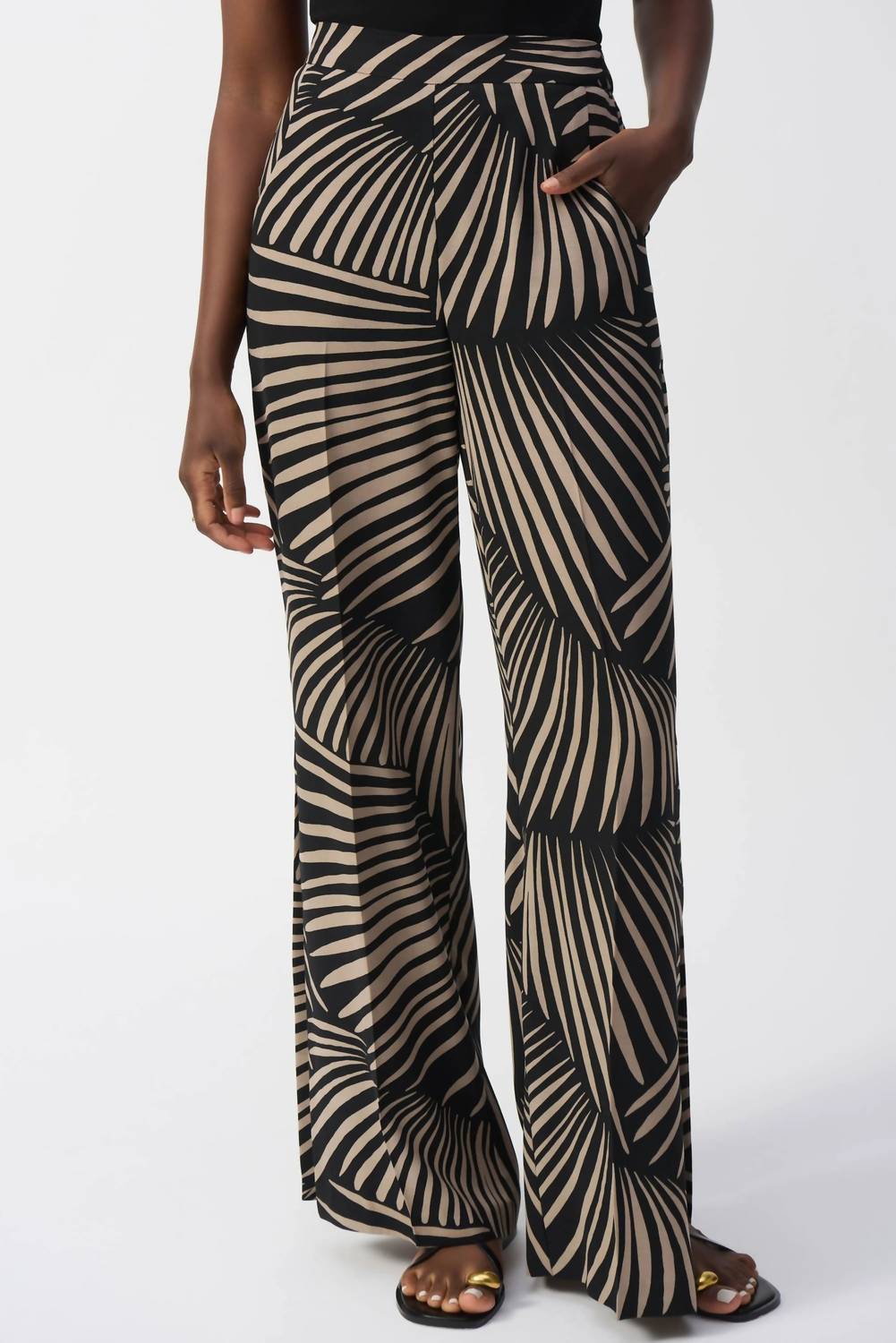 Joseph Ribkoff Tropical Print Side Slit Wide Leg Pants Black/dune
