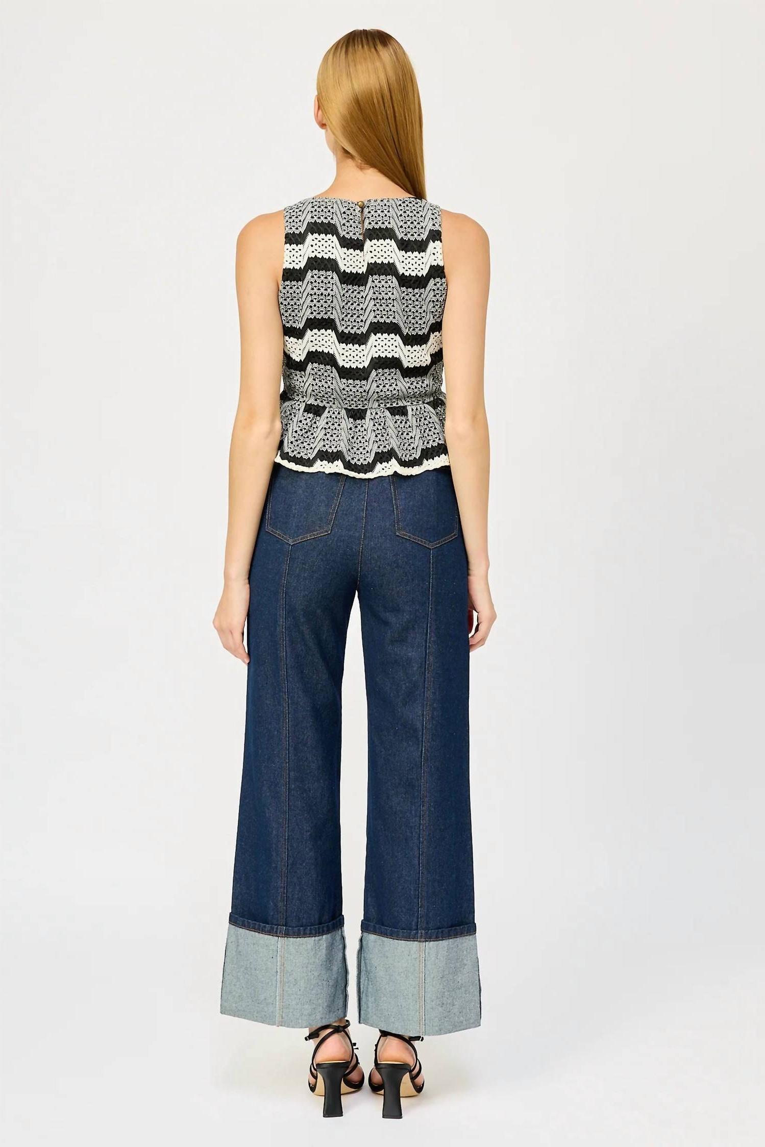 En Saison Genesis Stripe Open Stitch Sleeveless Peplum Tank Top Black And White