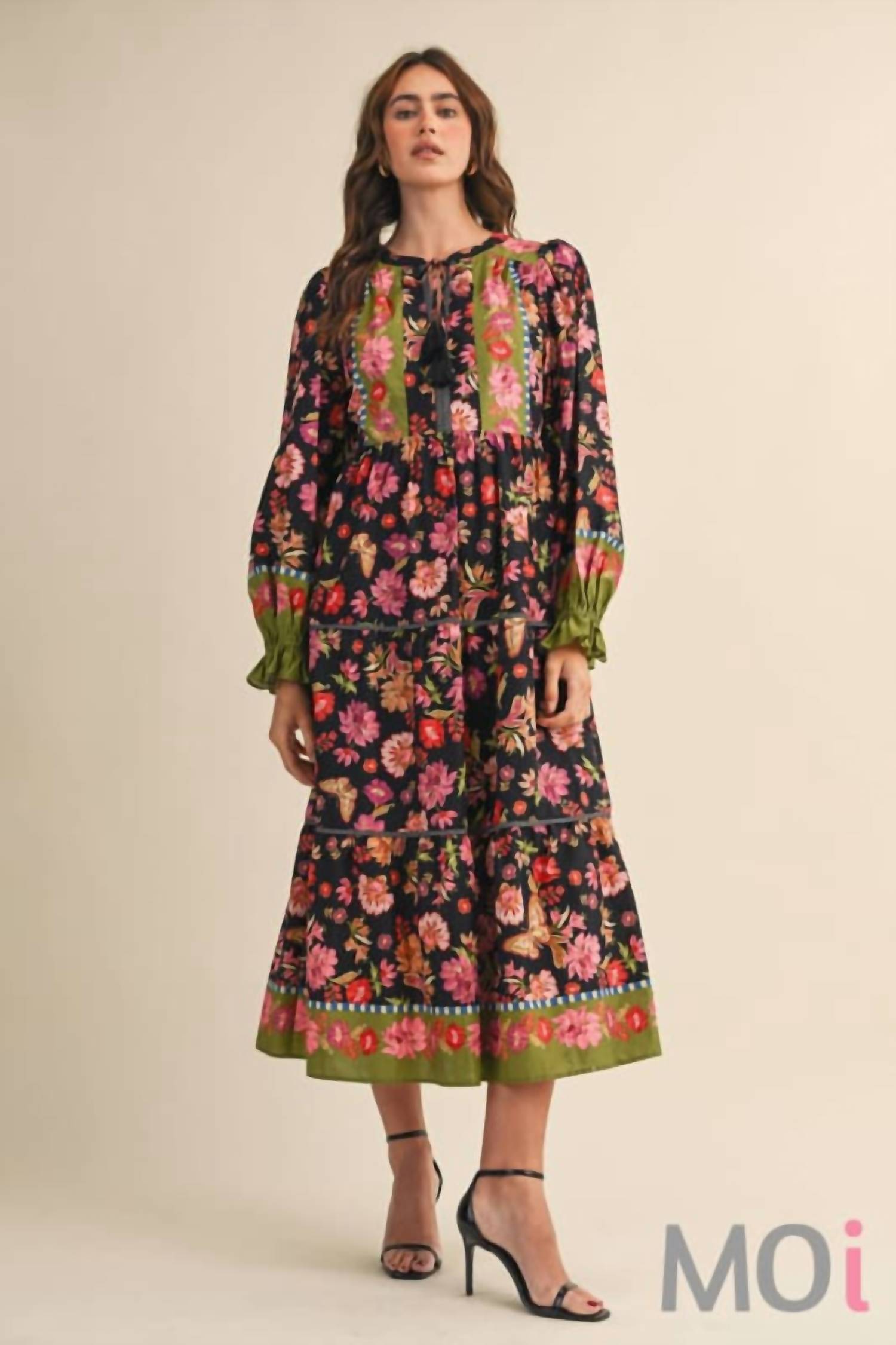 &merci Floral Border Print Midi Dress Black Multi