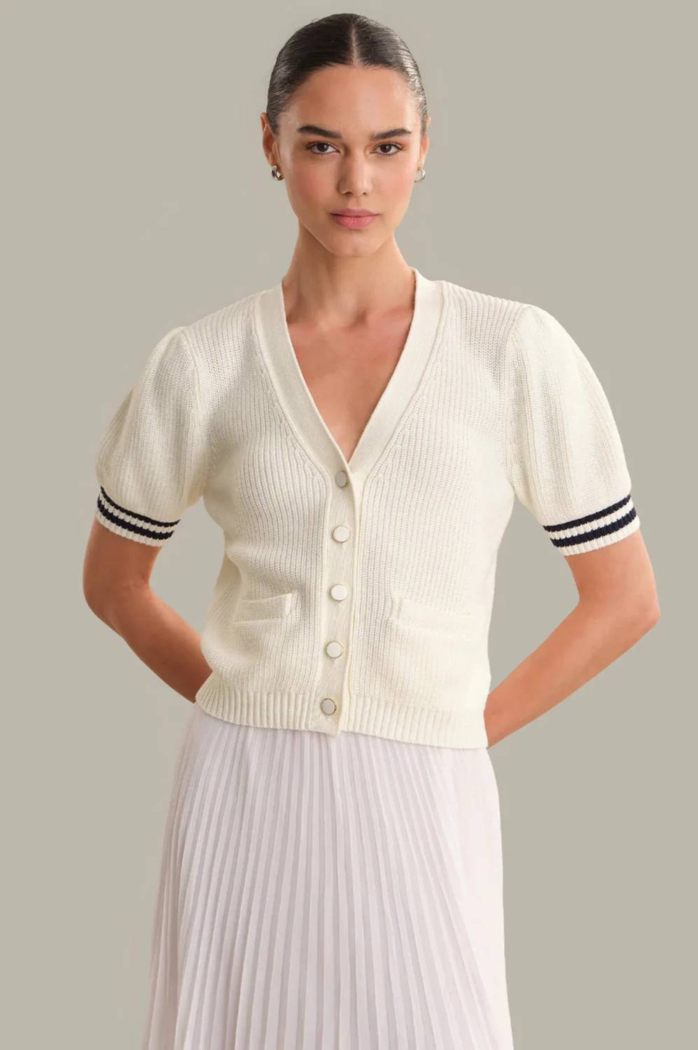 525 America Avalon Puff Sleeve Button Front Cardigan Chalk