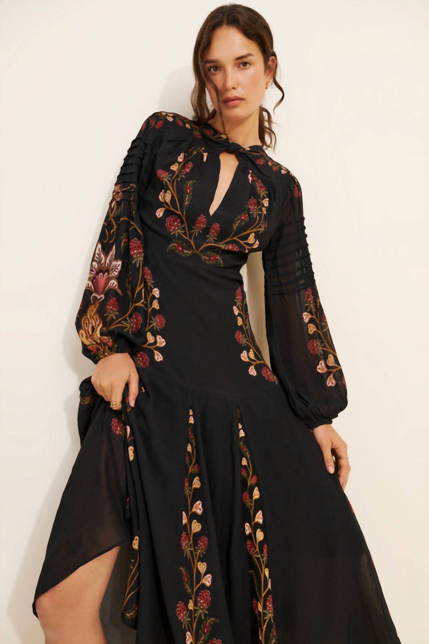 Farm Rio Berry Garden Long Sleeve Pleated Maxi Dress Black
