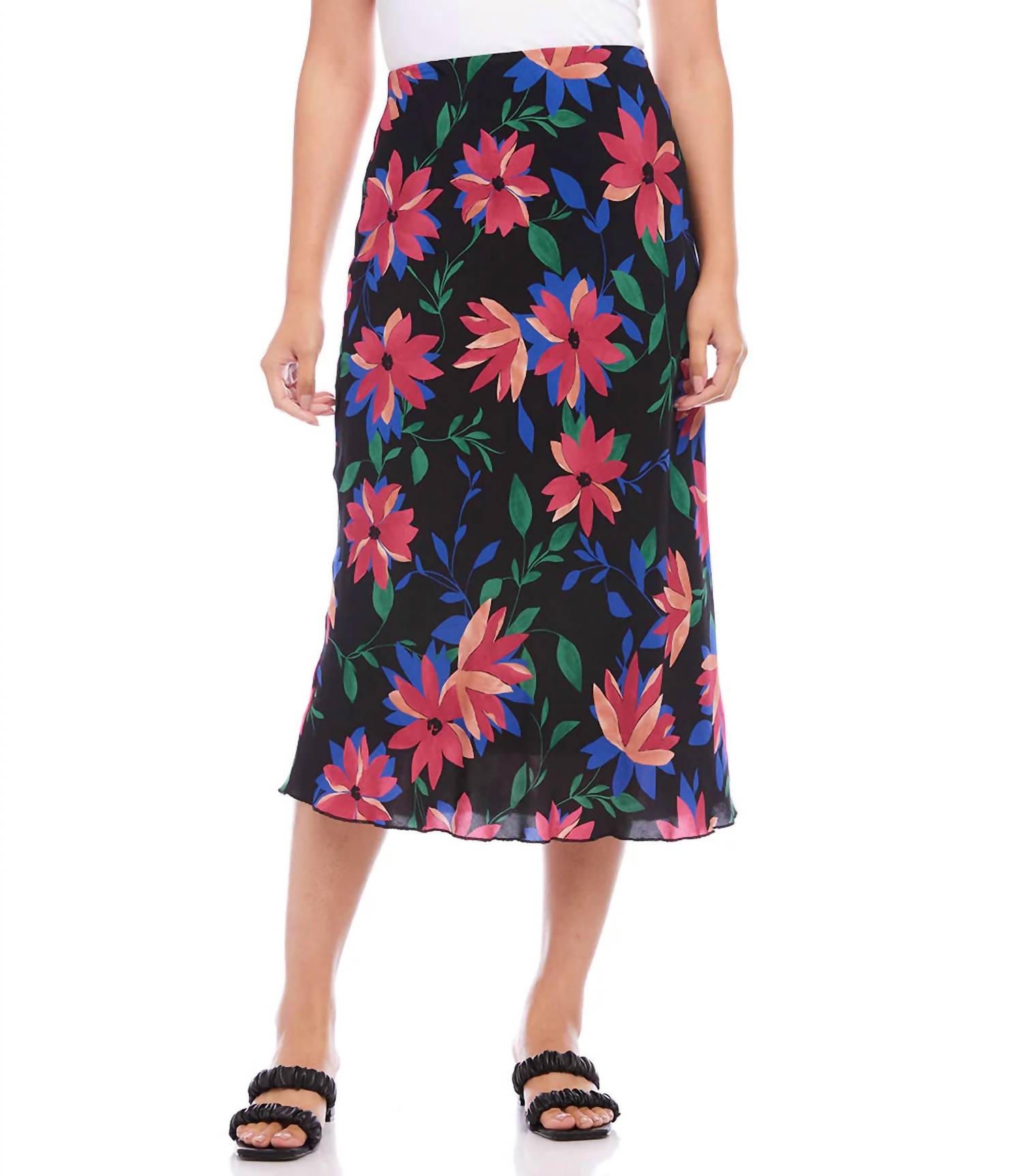Karen Kane Francesca Floral Print Bias Cut Midi Skirt Black, Blue, Green, Pinks