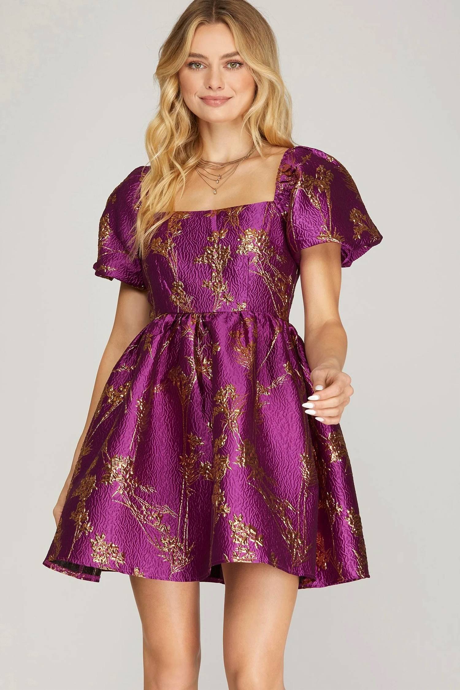She + Sky Metallic Jaquard Baby Doll Dress Magenta