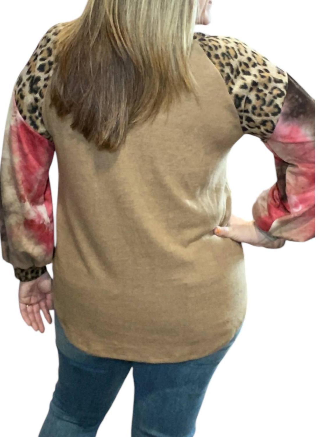 Honeyme Leopard Tie Dye Puff Sweater Brown - Picture 3 of 13