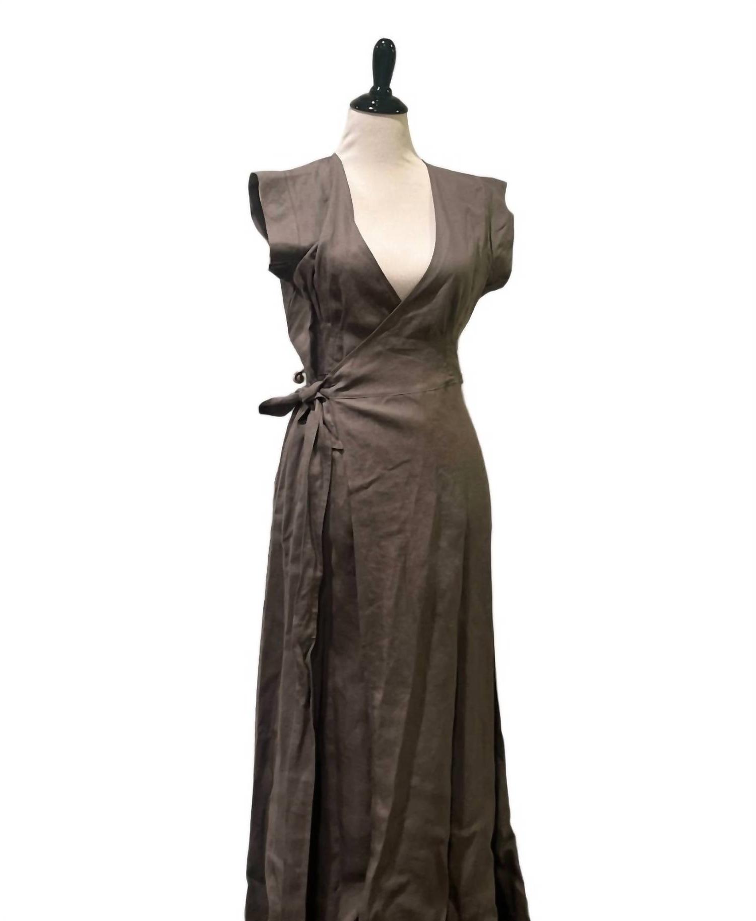 Three Dots Wrap Linen Midi Dress Charcoal - Picture 2 of 10