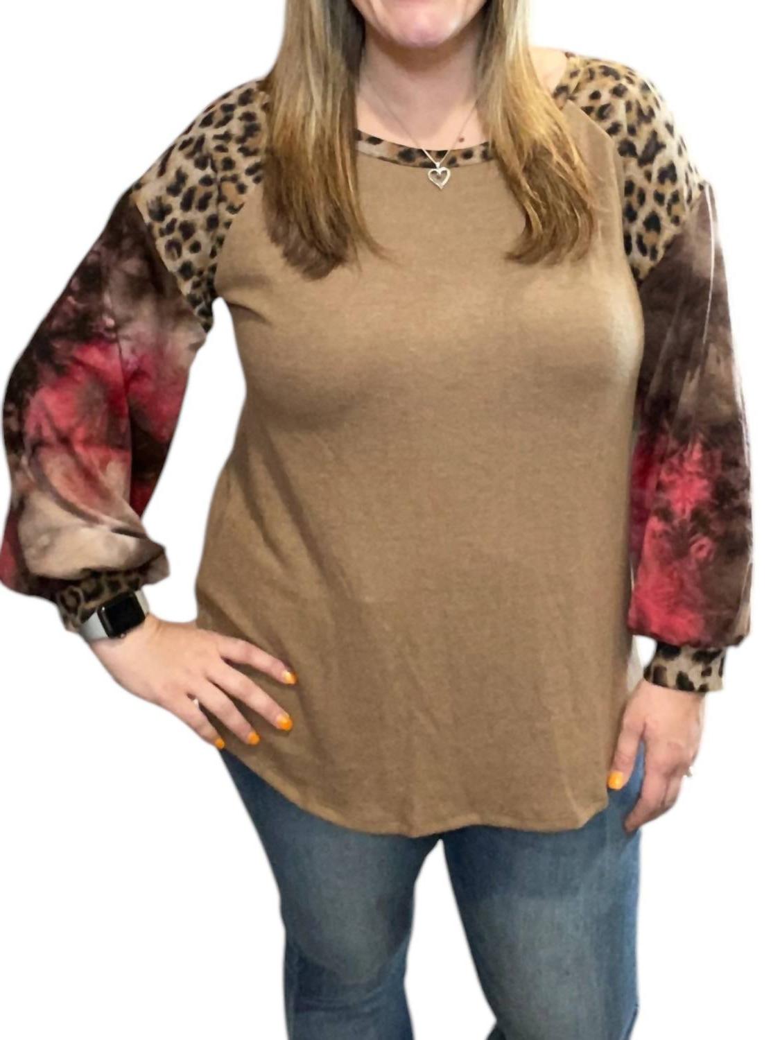Honeyme Leopard Tie Dye Puff Sweater Brown - Picture 2 of 13
