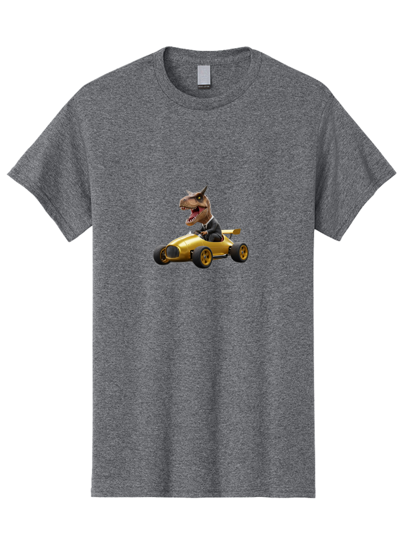 T-Rex-In-Suit-Driving-Gold-Car Mens Graphic Tee, 100% Cotton, Casual Summer Wear