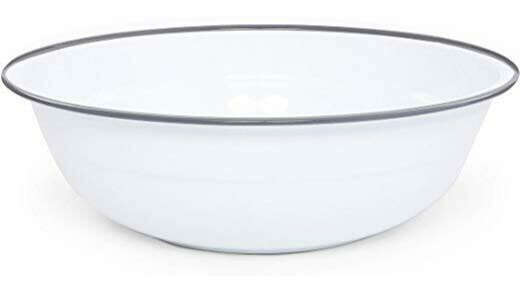 Large White Enamel Footed Bowl with Grey Rolled Rim 8 Qt